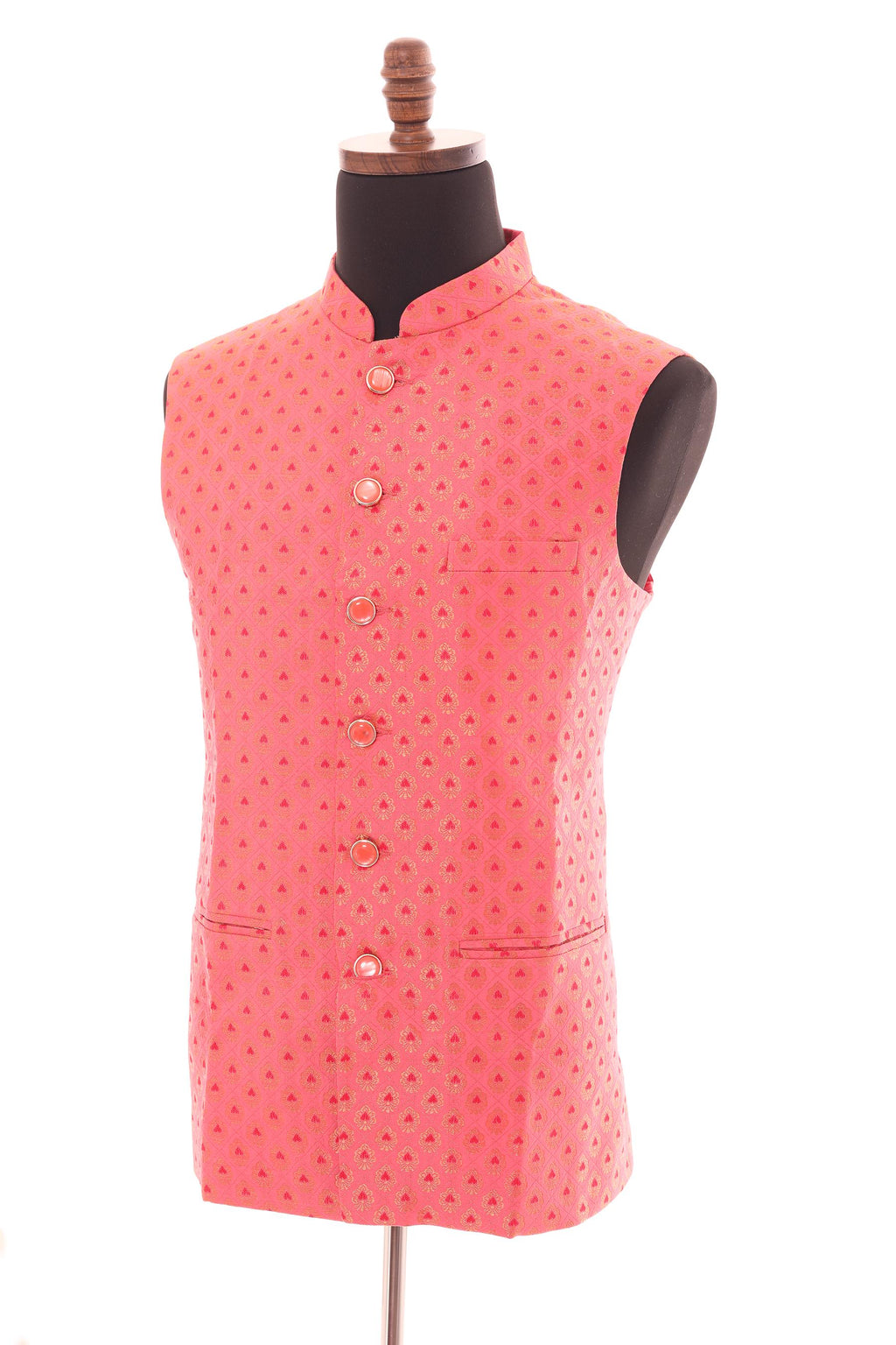 Men’s Bright Coral Nehru Vest – Banarasi Brocade Ethnic Waistcoat