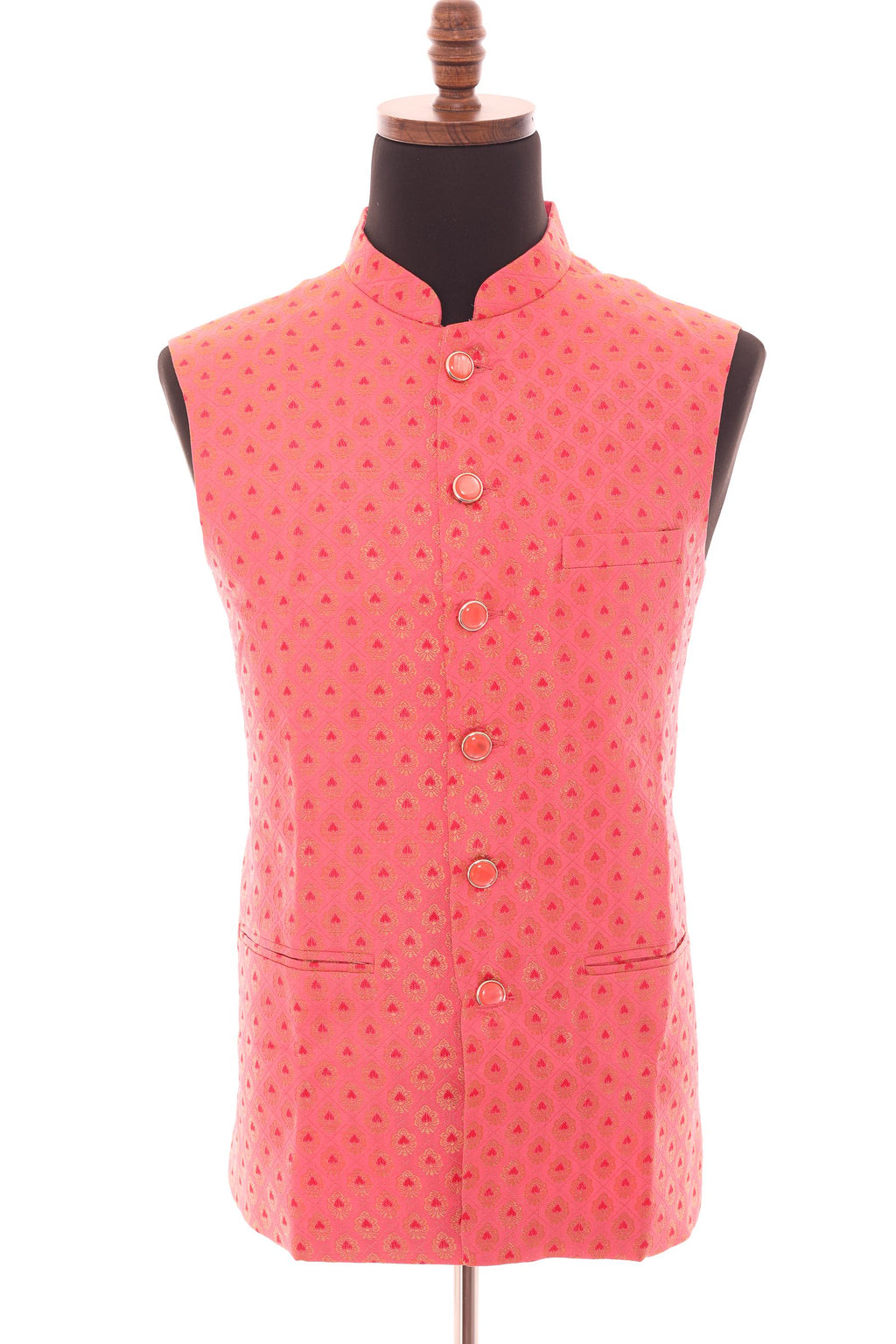 Men’s Bright Coral Nehru Vest – Banarasi Brocade Ethnic Waistcoat