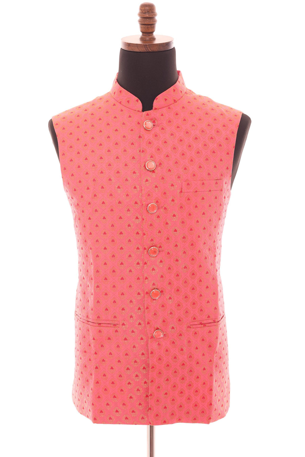 Men’s Bright Coral Nehru Vest – Banarasi Brocade Ethnic Waistcoat