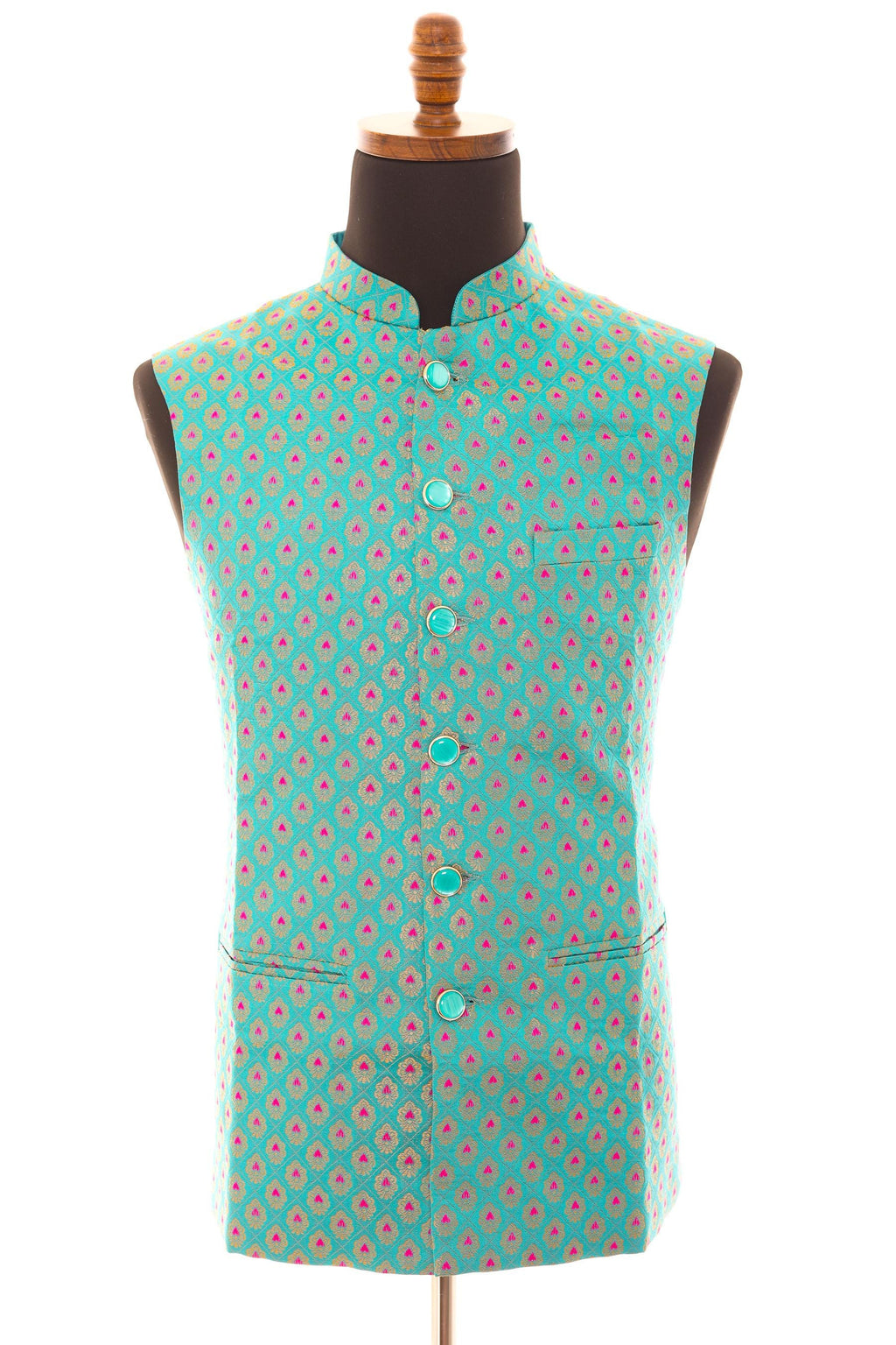 Men’s Turquoise Nehru Vest – Banarasi Brocade Ethnic Waistcoat