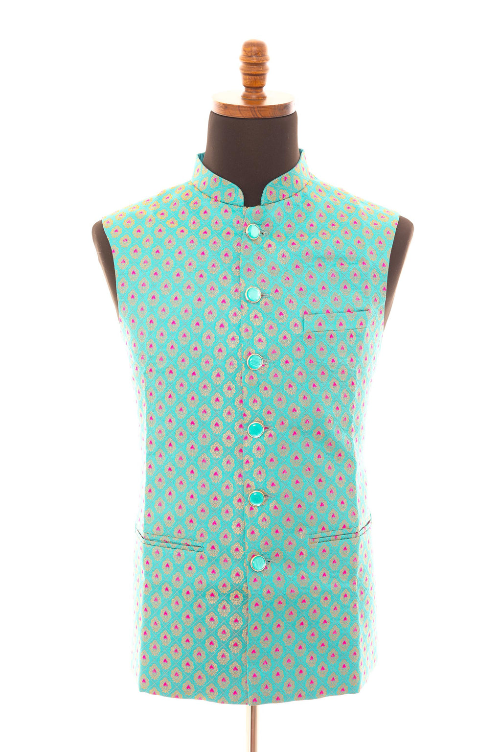 Men’s Turquoise Nehru Vest – Banarasi Brocade Ethnic Waistcoat