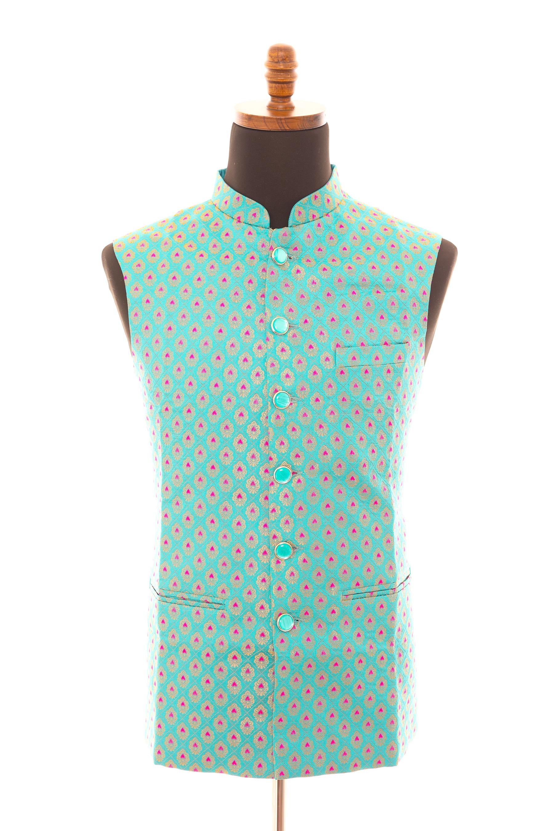 Men’s Turquoise Nehru Vest – Banarasi Brocade Ethnic Waistcoat