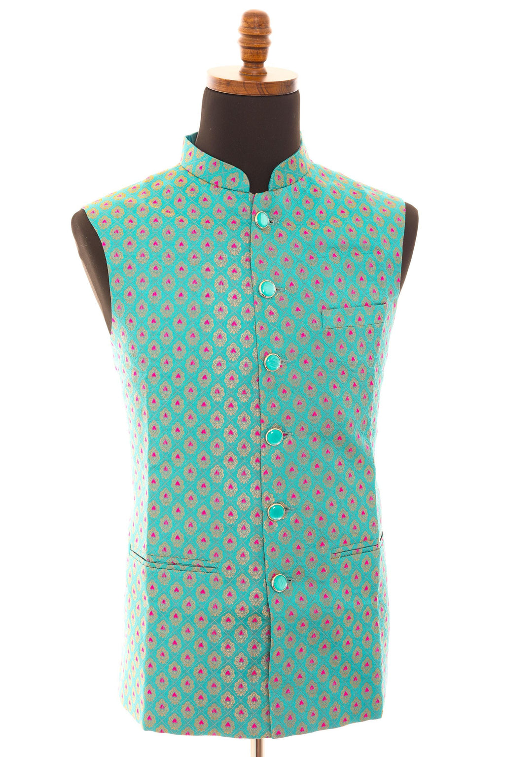 Men’s Turquoise Nehru Vest – Banarasi Brocade Ethnic Waistcoat