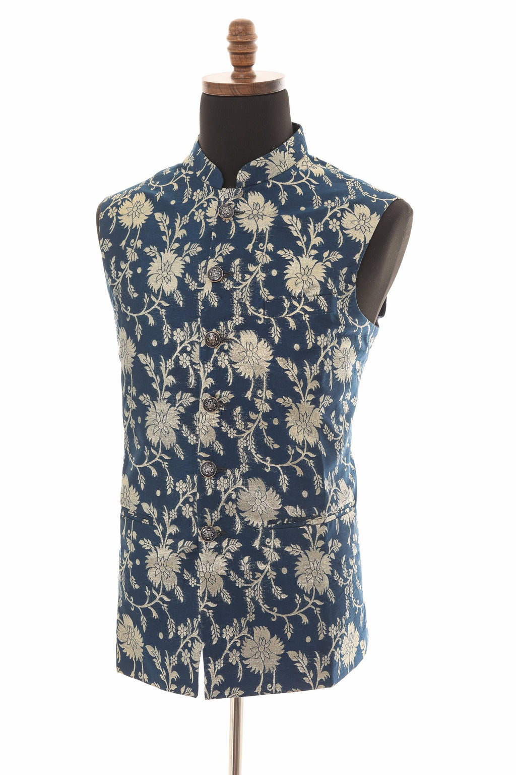 Men’s Navy Nehru Vest – Banarasi Floral Gold Foil Waistcoat