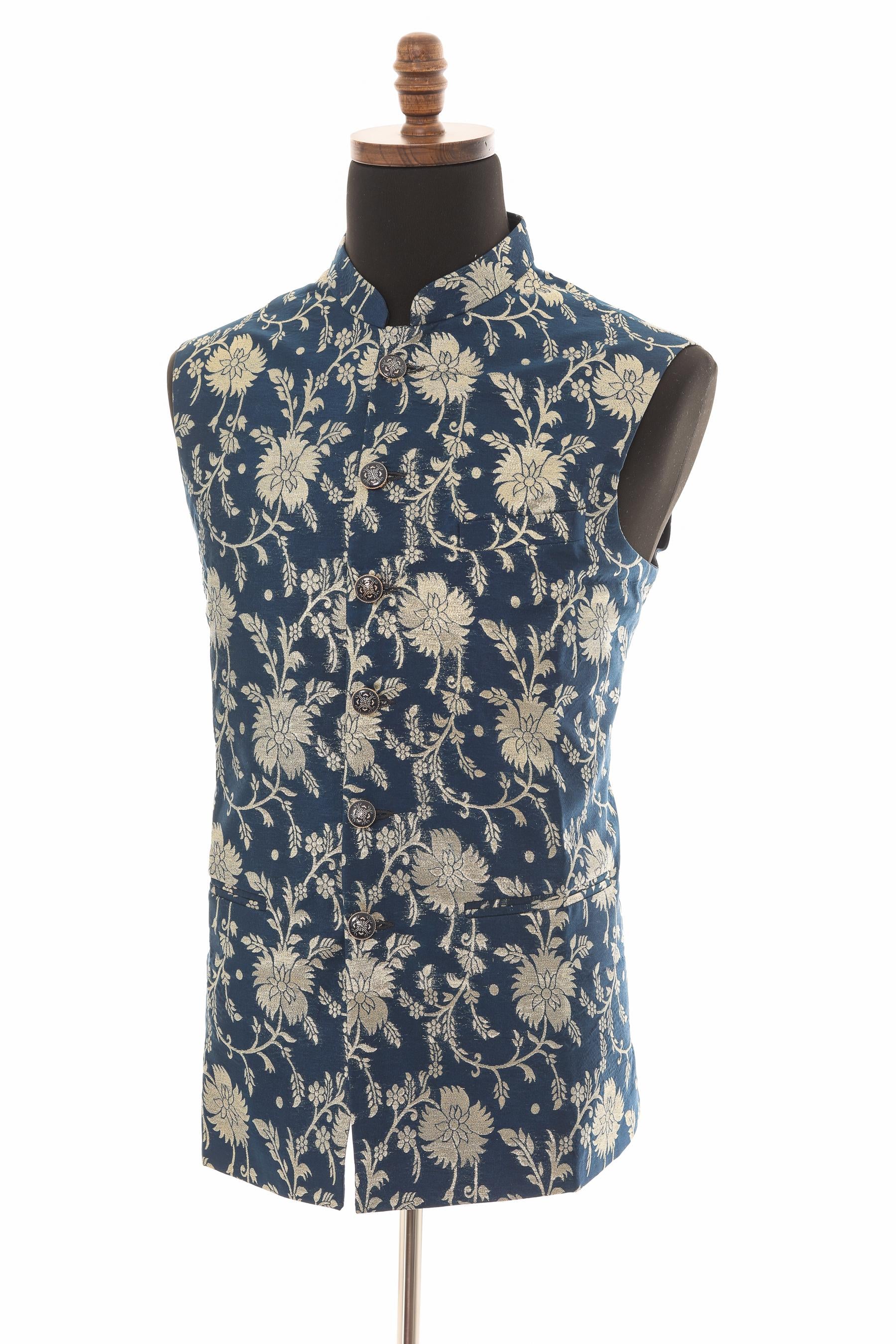 Men’s Navy Nehru Vest – Banarasi Floral Gold Foil Waistcoat