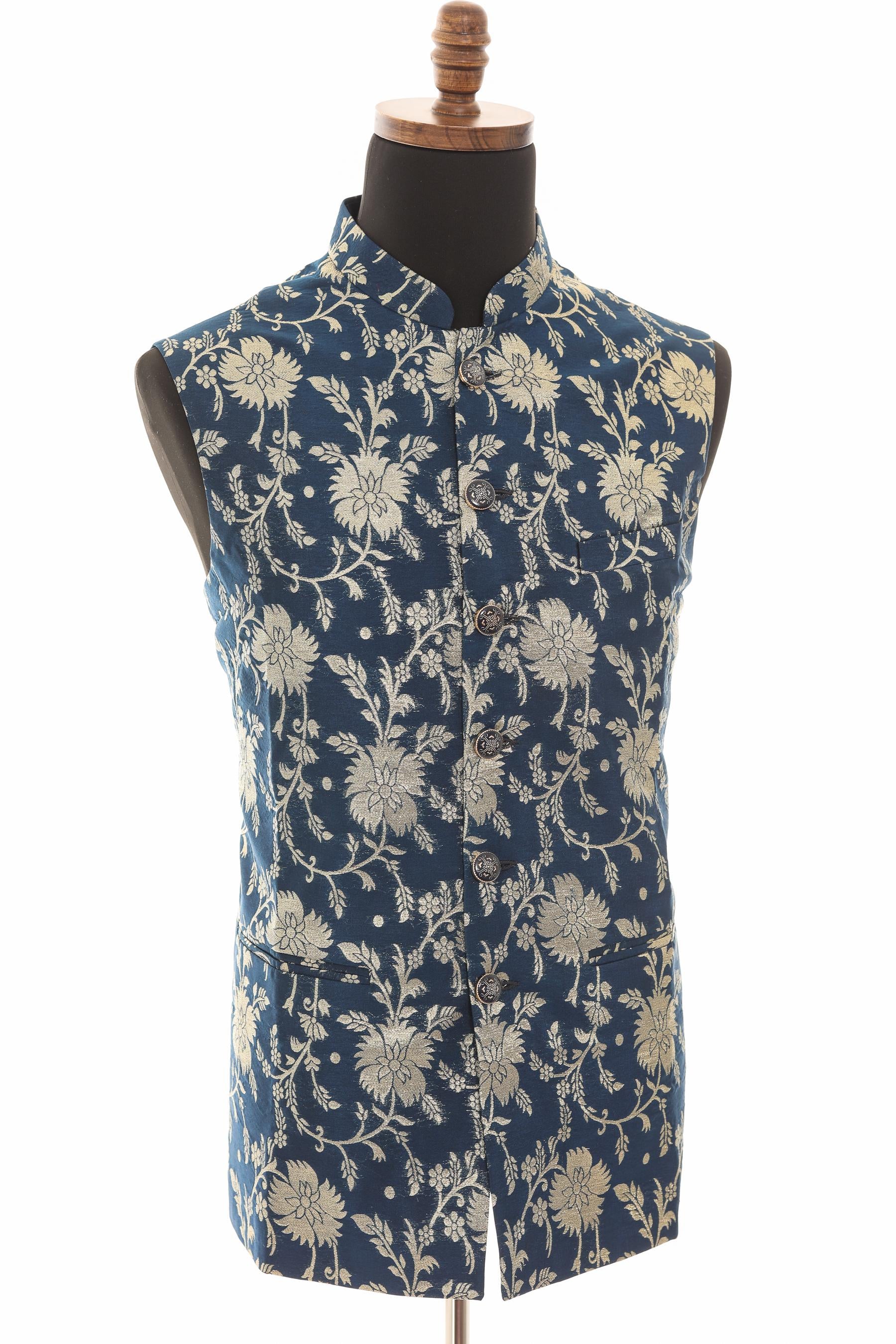 Men’s Navy Nehru Vest – Banarasi Floral Gold Foil Waistcoat