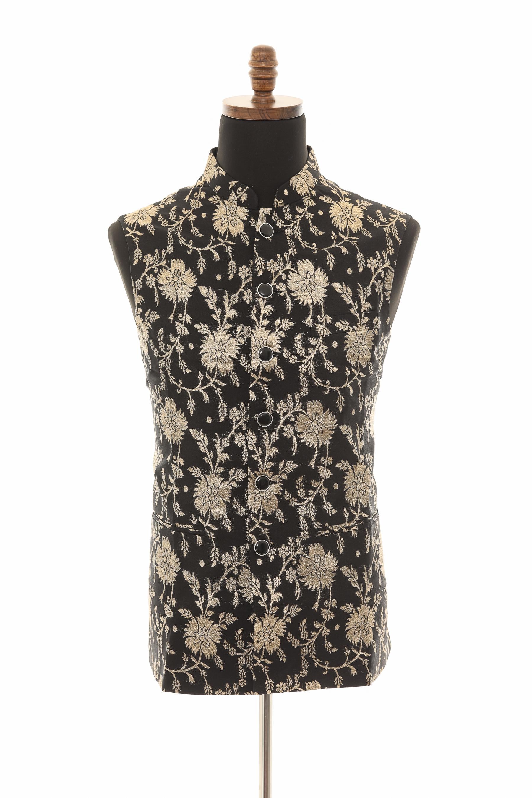 Men’s Black Nehru Vest – Banarasi Floral Gold Foil Waistcoat
