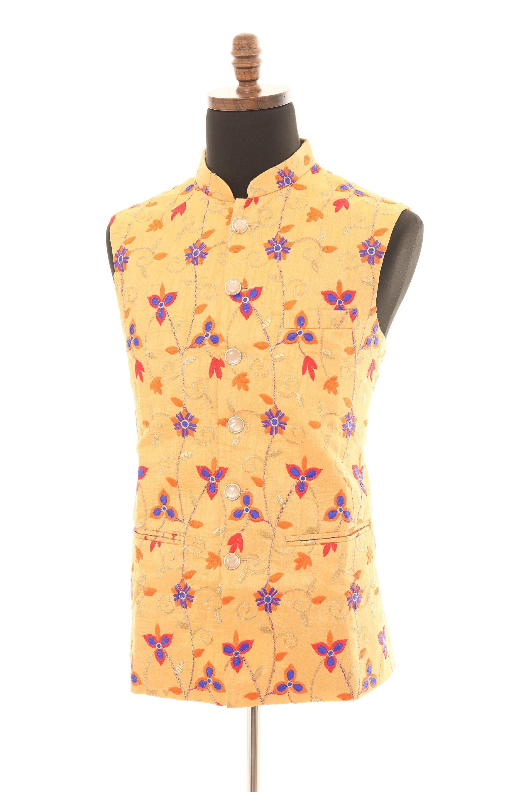 Mens Mustard Floral Embroidered Nehru Vest