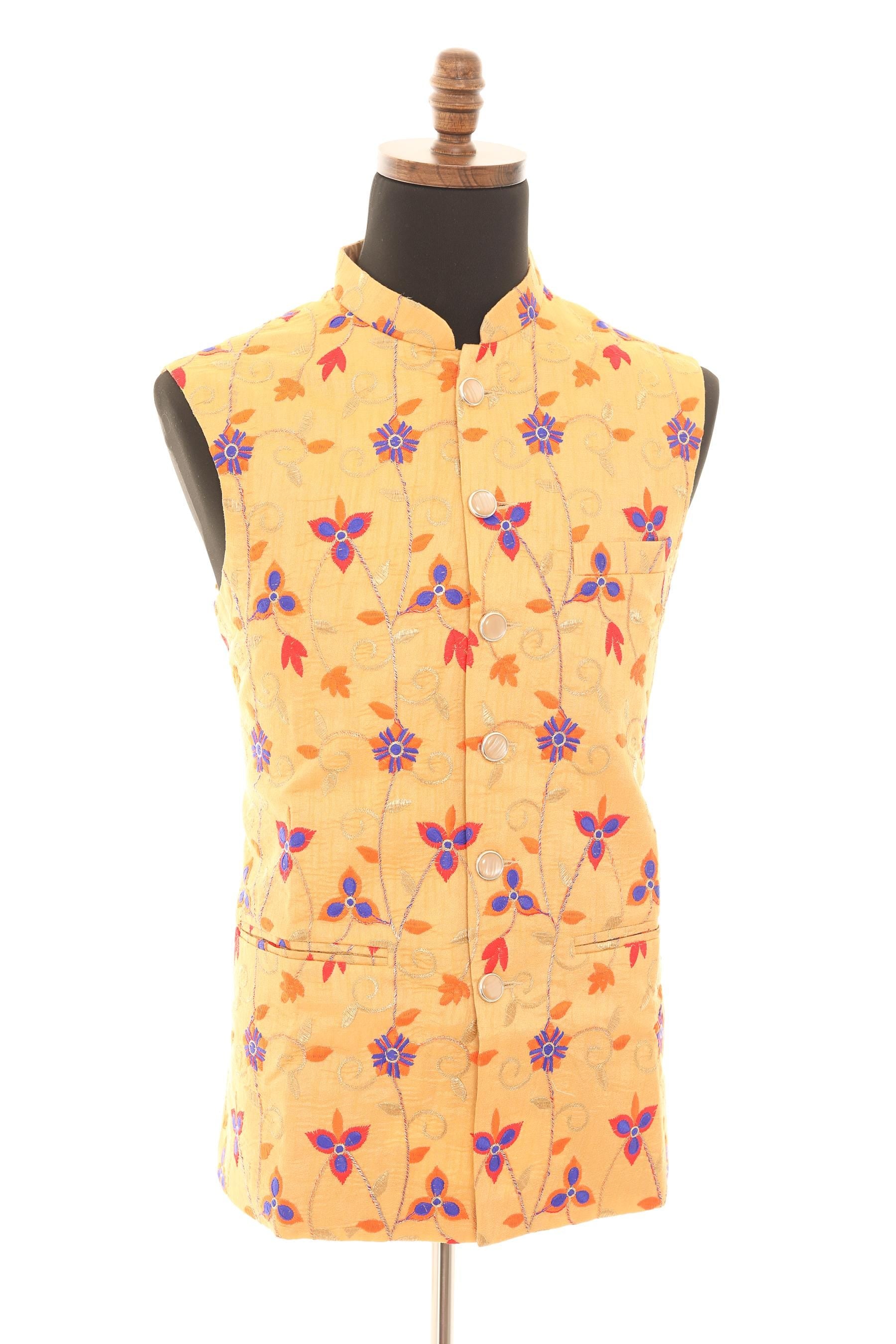Mens Mustard Floral Embroidered Nehru Vest