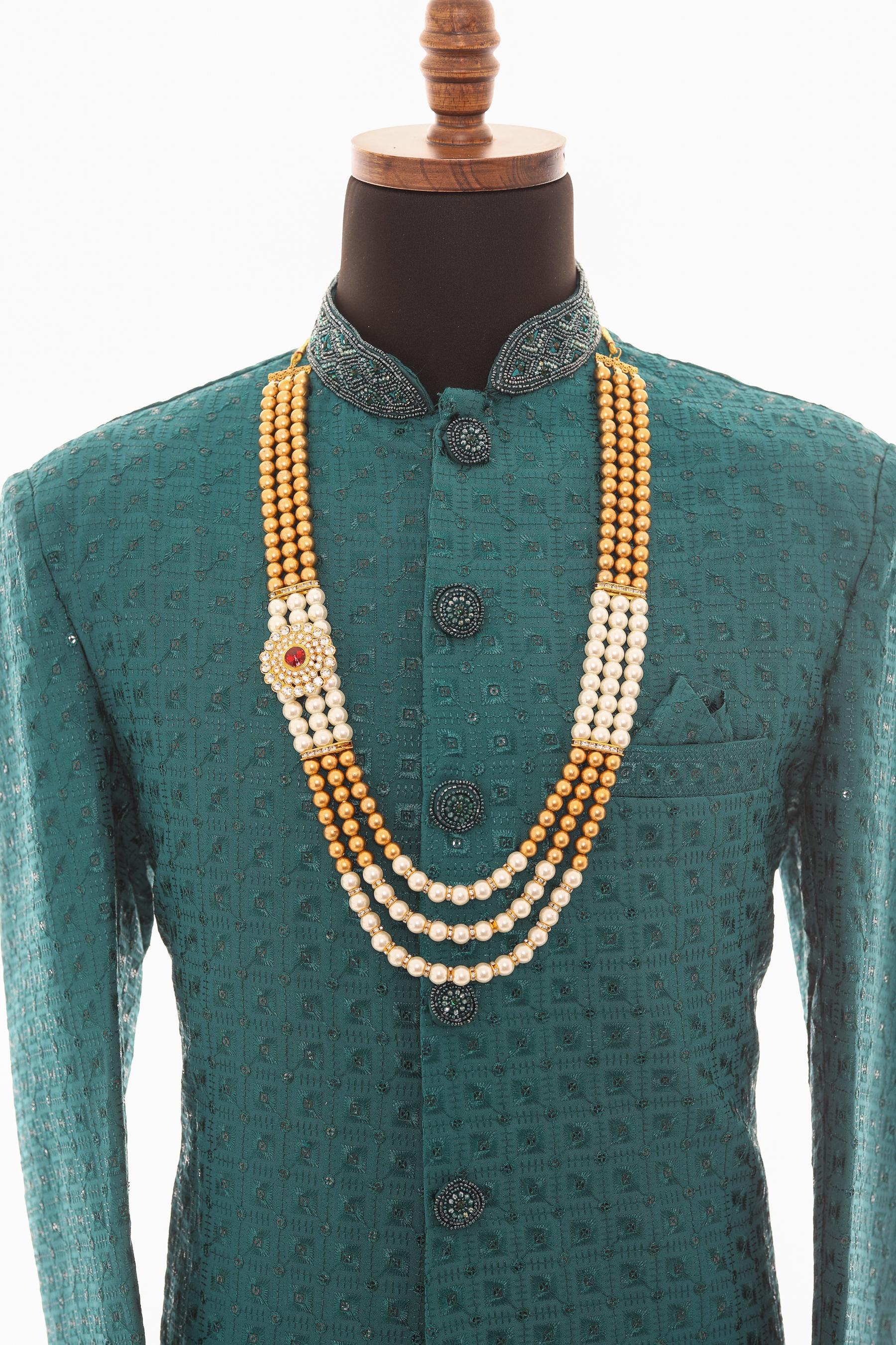 Men's Sherwani Pearl Bead Necklace Gold Multi-Strand Mala For Wedding