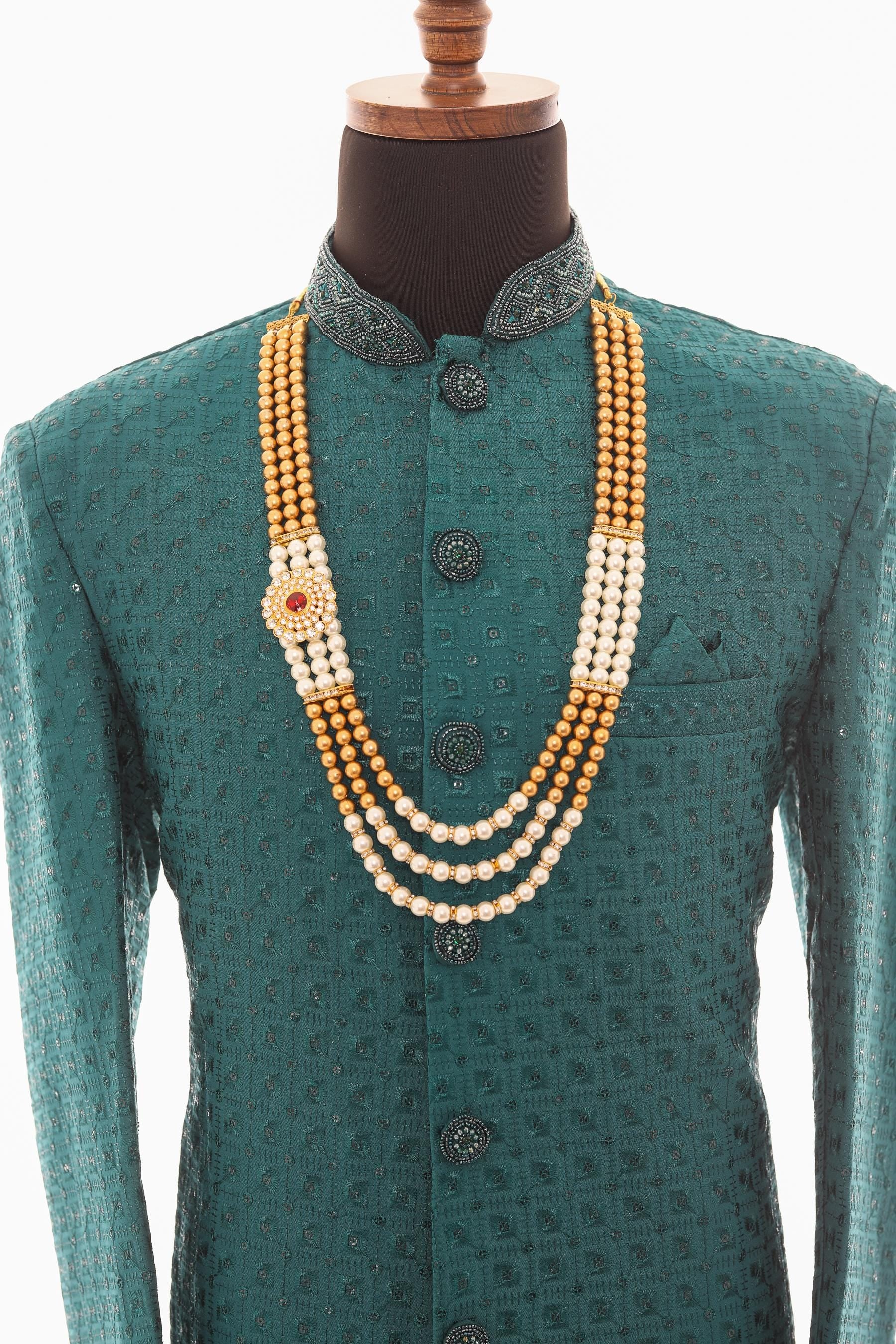 Men's Sherwani Pearl Bead Necklace Gold Multi-Strand Mala For Wedding