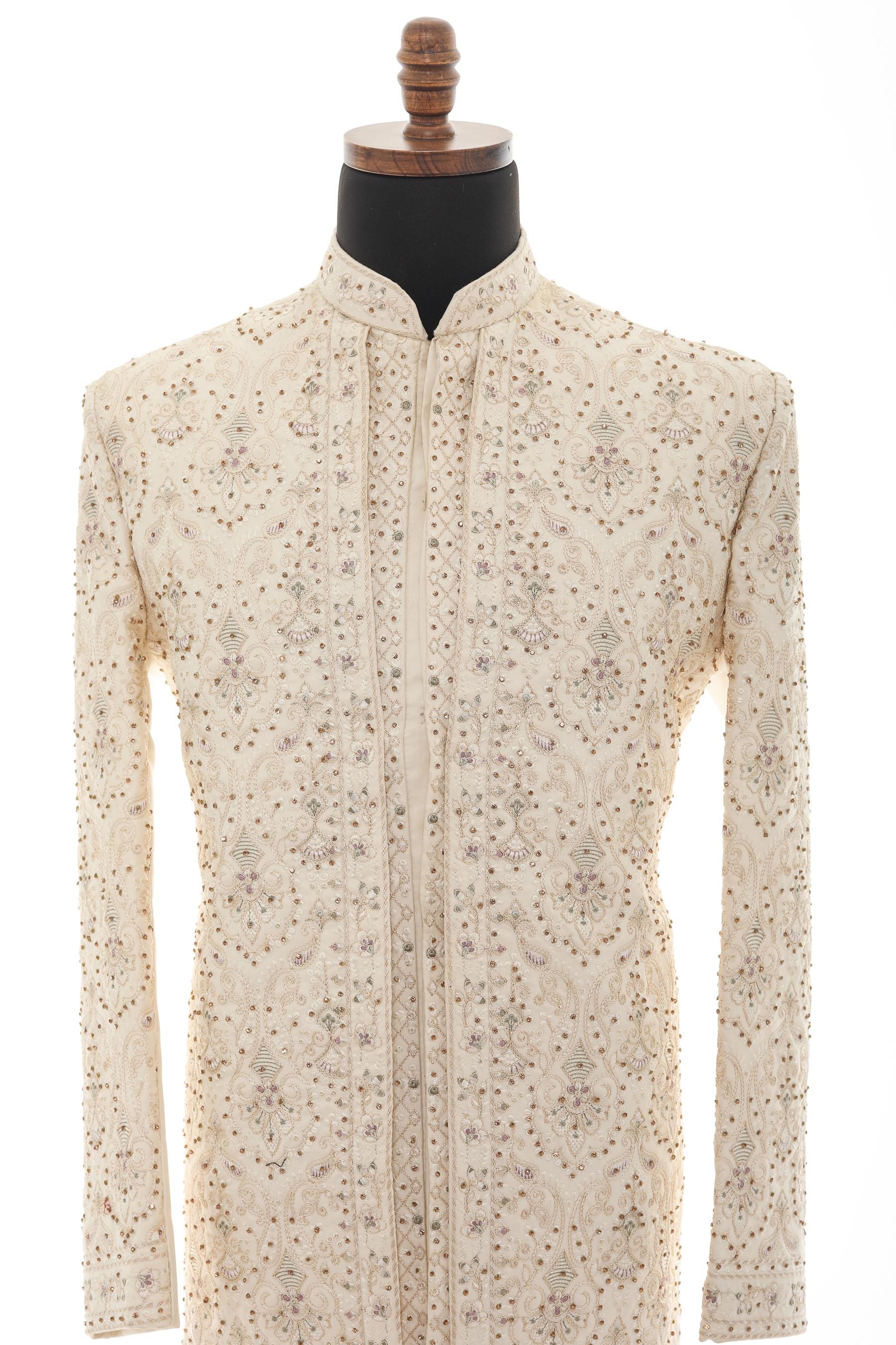 Ivory Embroidered Sherwani for Men | Wedding Groom Sherwani | Indian Pakistani Ethnic Wear | Handcrafted Festive Coat