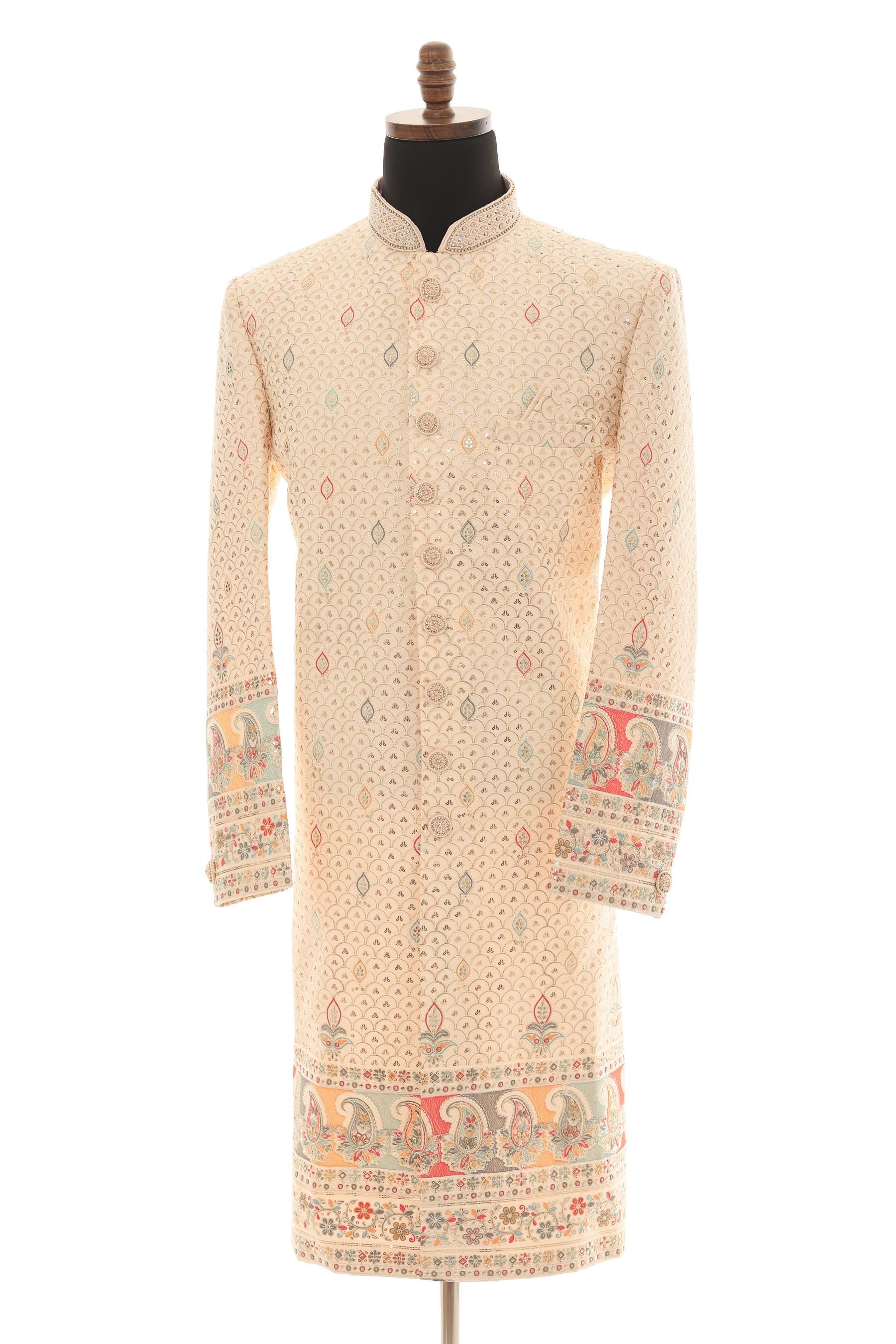 Peach Embroidered Sherwani for Men