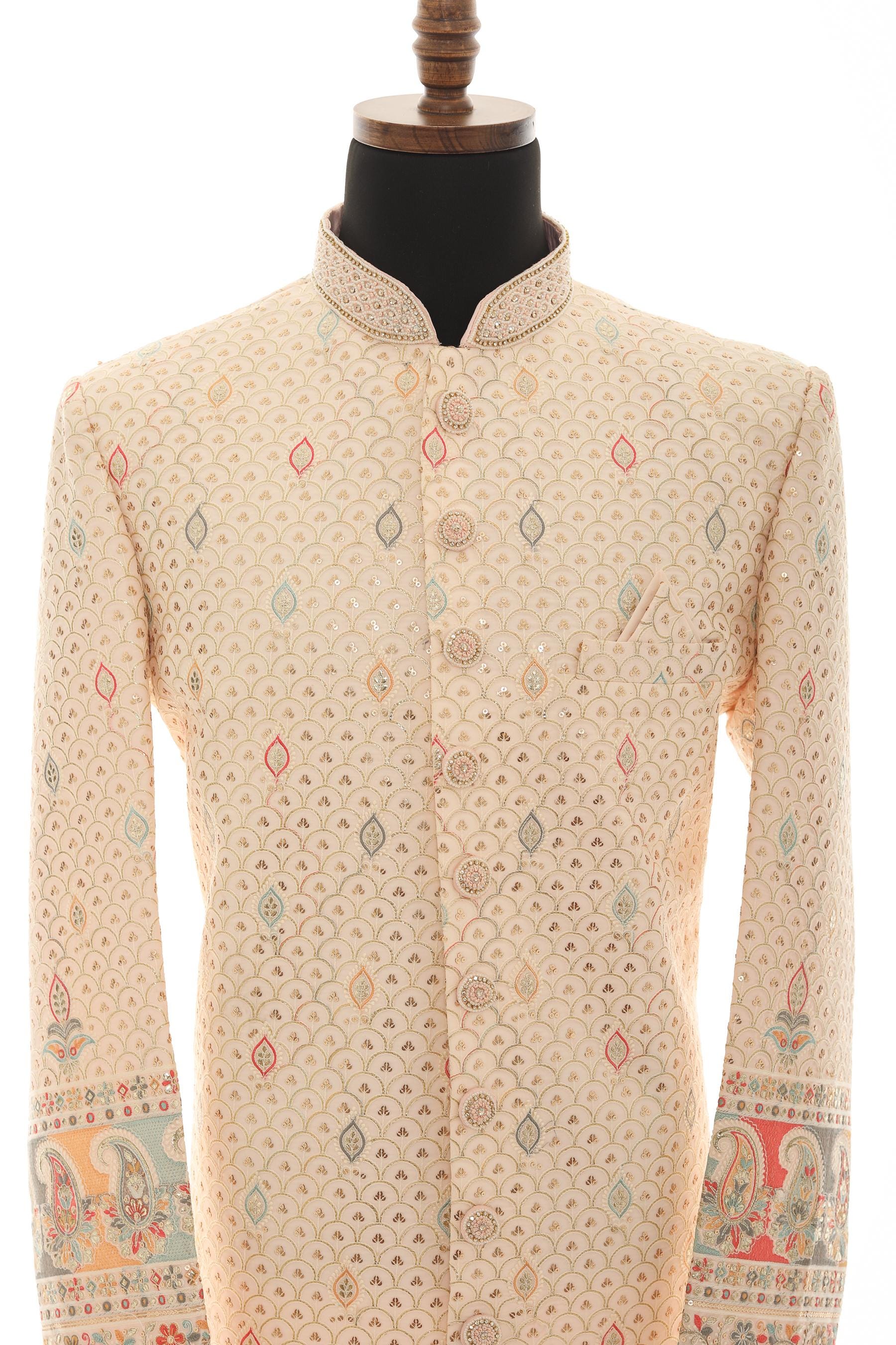 Peach Embroidered Sherwani for Men