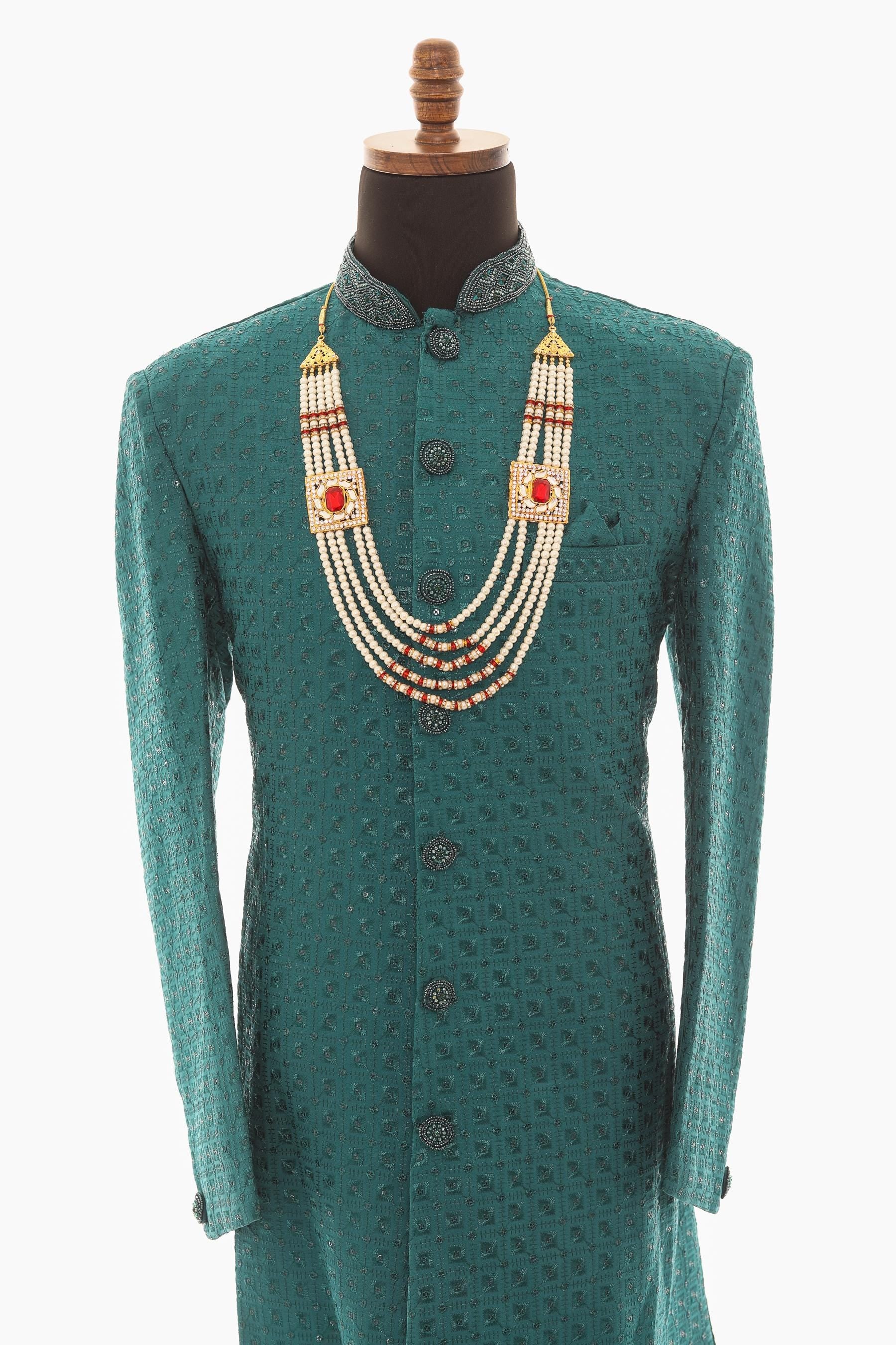 Men White Moti Necklace with Maroon Stone Motifs & Copper Beads – Adjustable Length