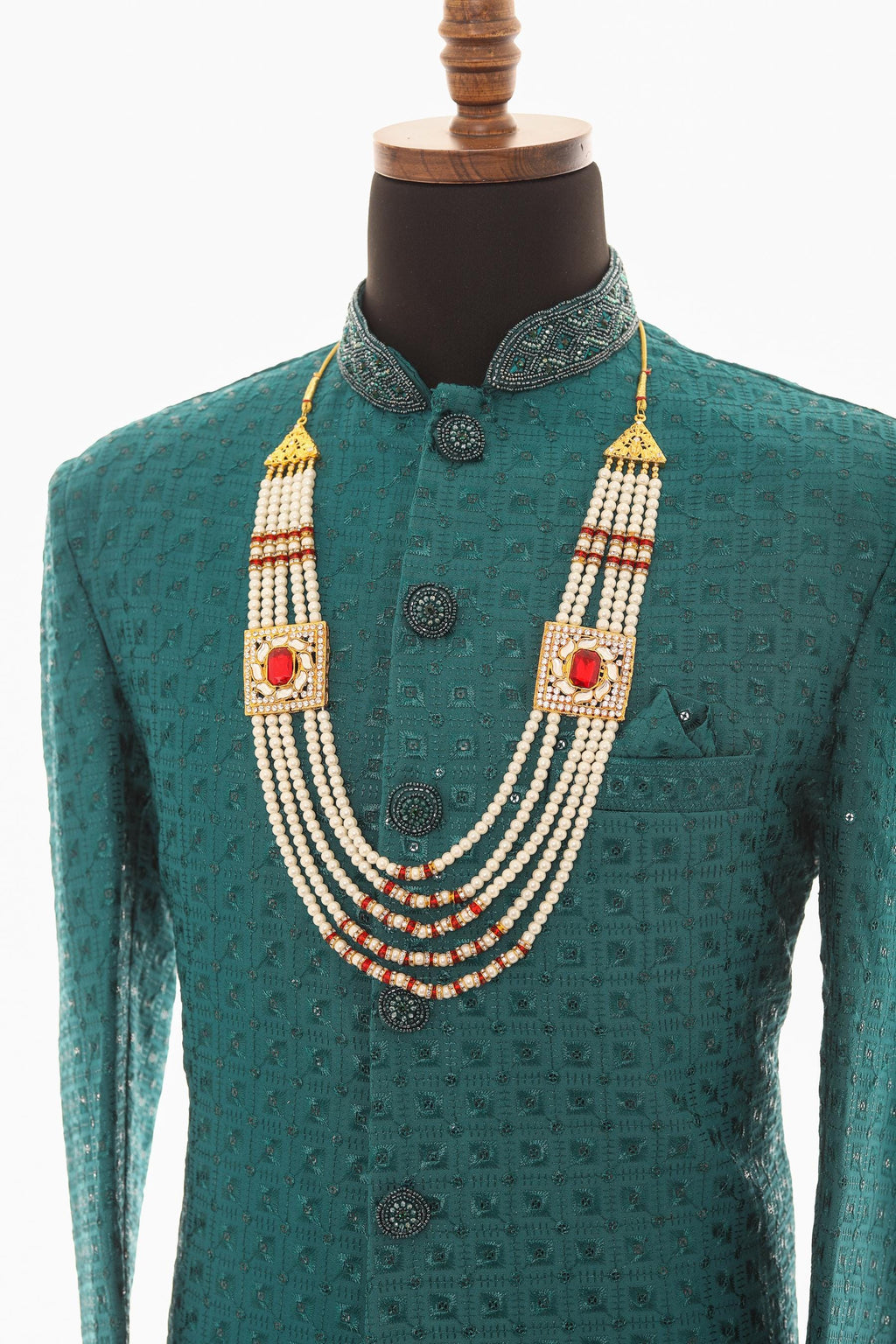 Men White Moti Necklace with Maroon Stone Motifs & Copper Beads – Adjustable Length