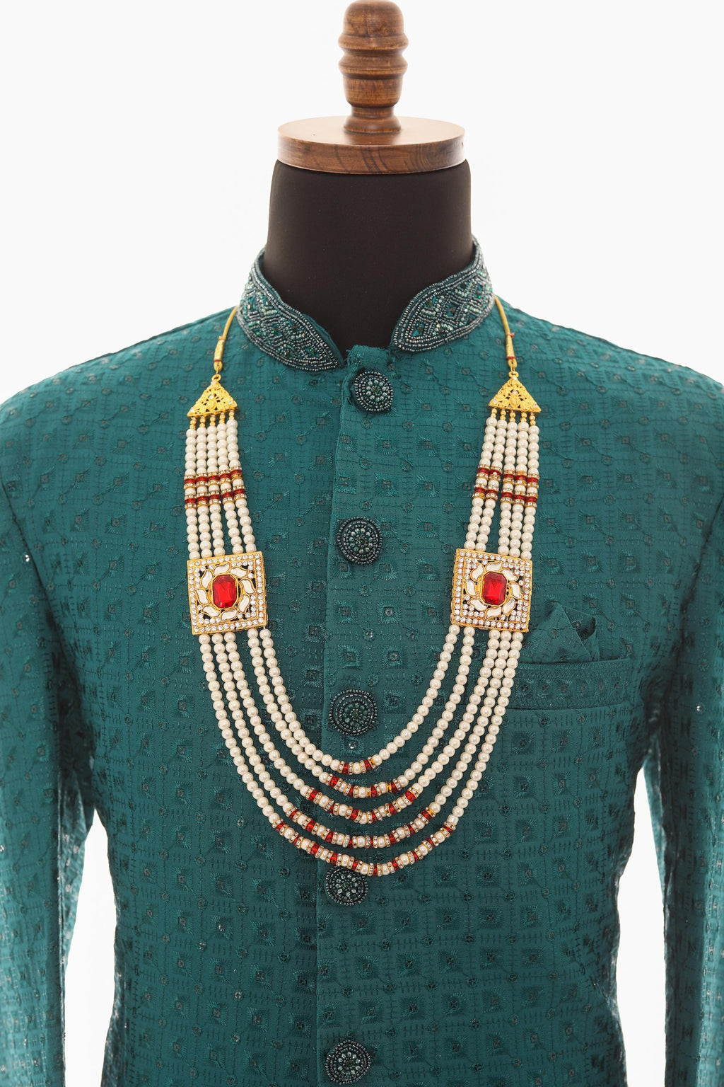Men White Moti Necklace with Maroon Stone Motifs & Copper Beads – Adjustable Length