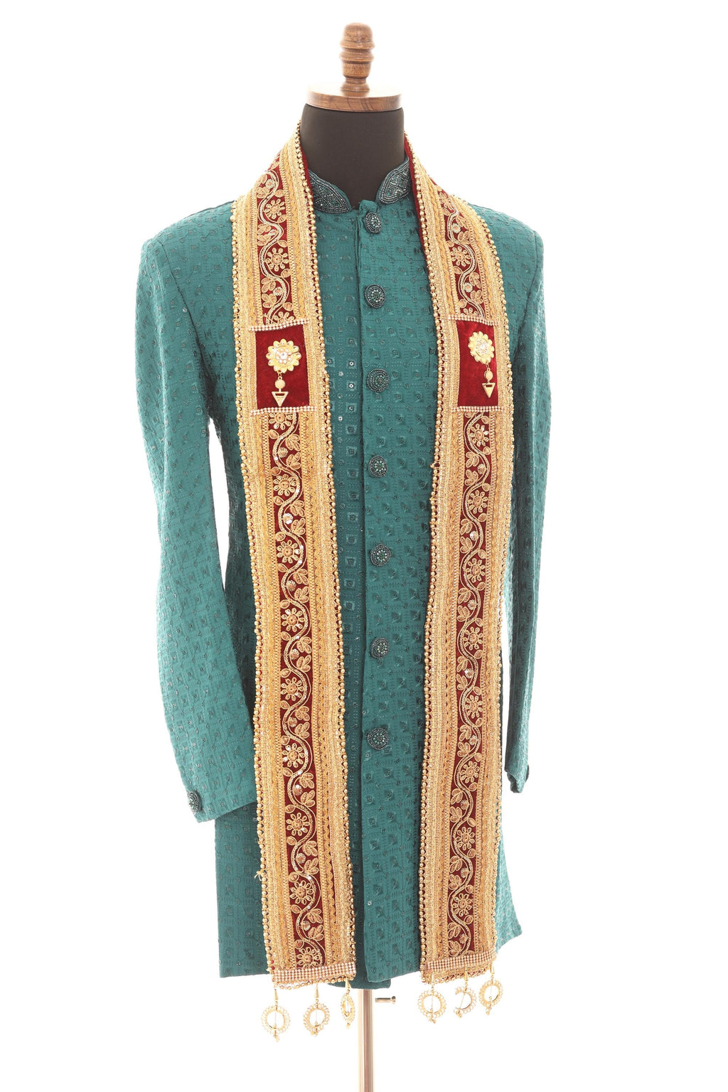Men Embroidered Wedding Stole – Maroon & Gold Sherwani Scarf