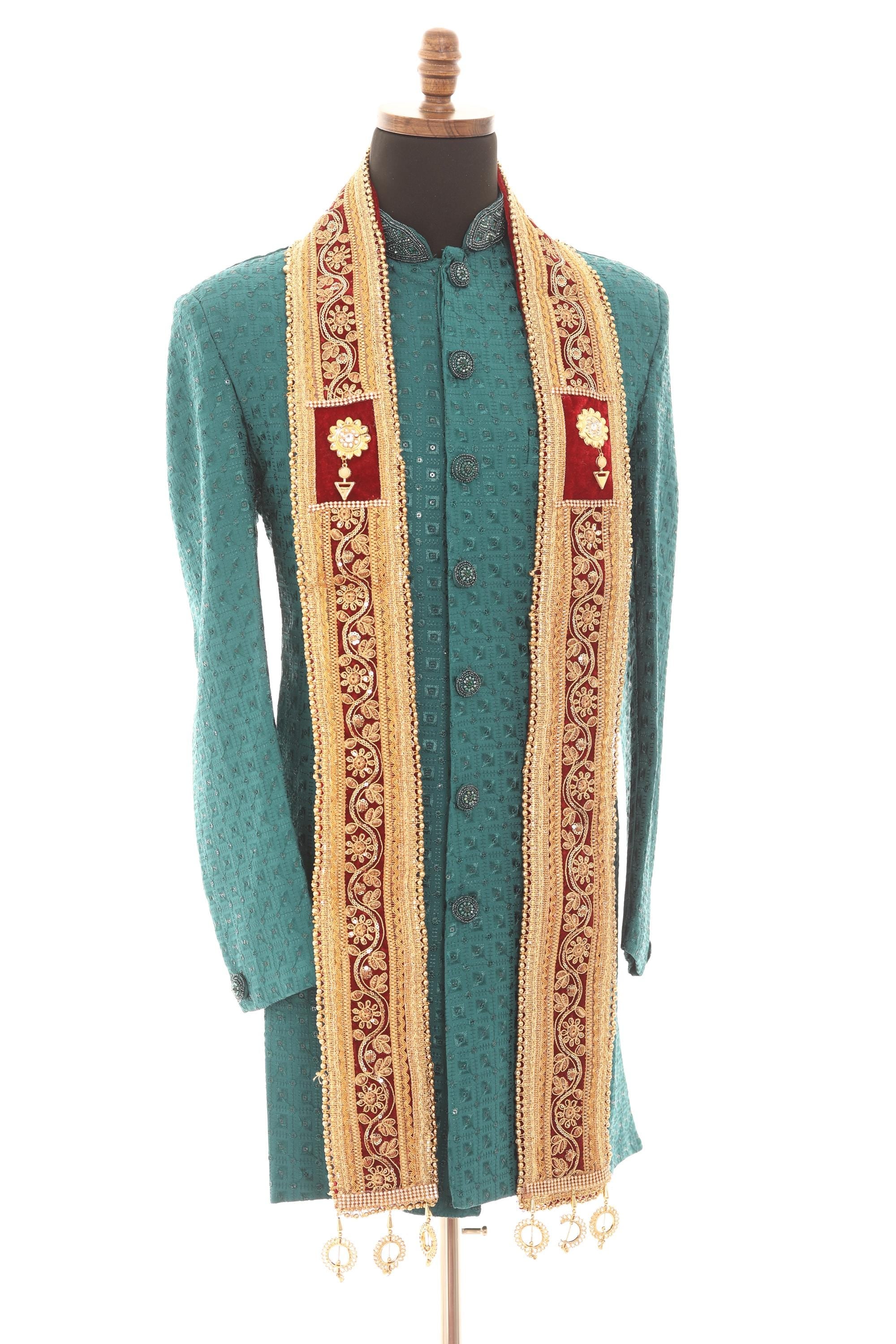 Men Embroidered Wedding Stole – Maroon & Gold Sherwani Scarf