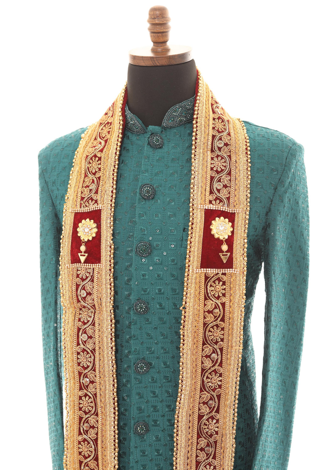 Men Embroidered Wedding Stole – Maroon & Gold Sherwani Scarf