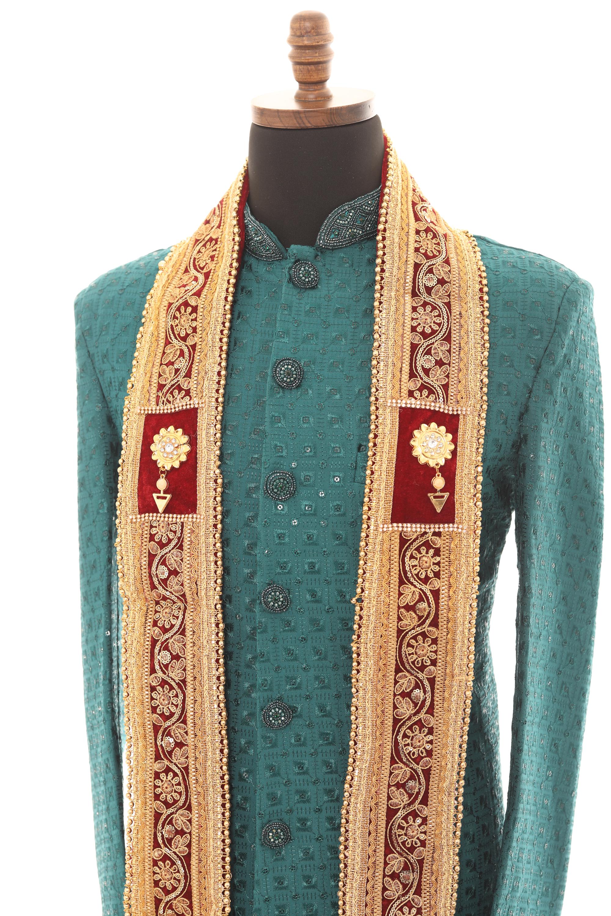 Men Embroidered Wedding Stole – Maroon & Gold Sherwani Scarf