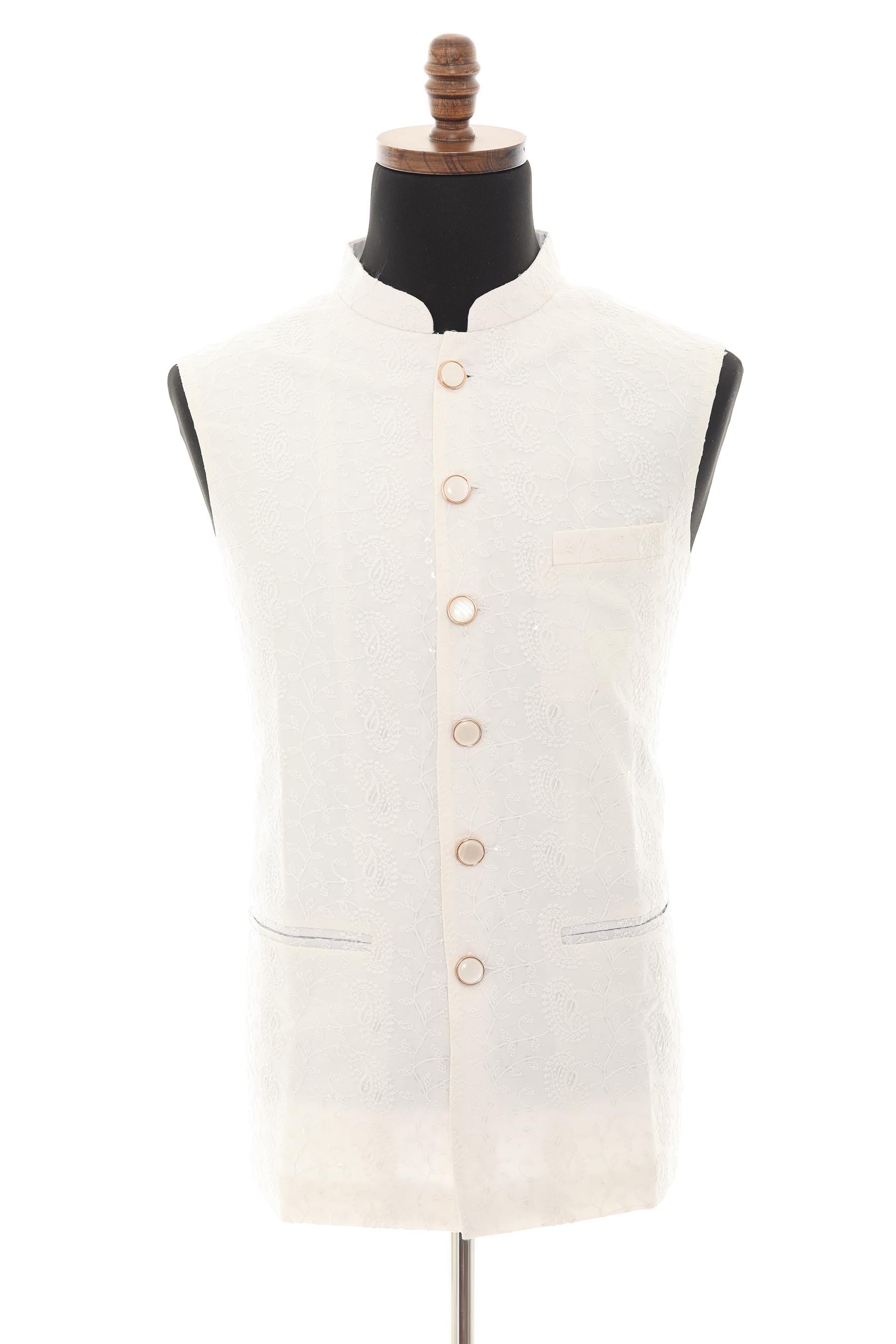 White Nehru Vest with Self Floral Paisley Embroidery
