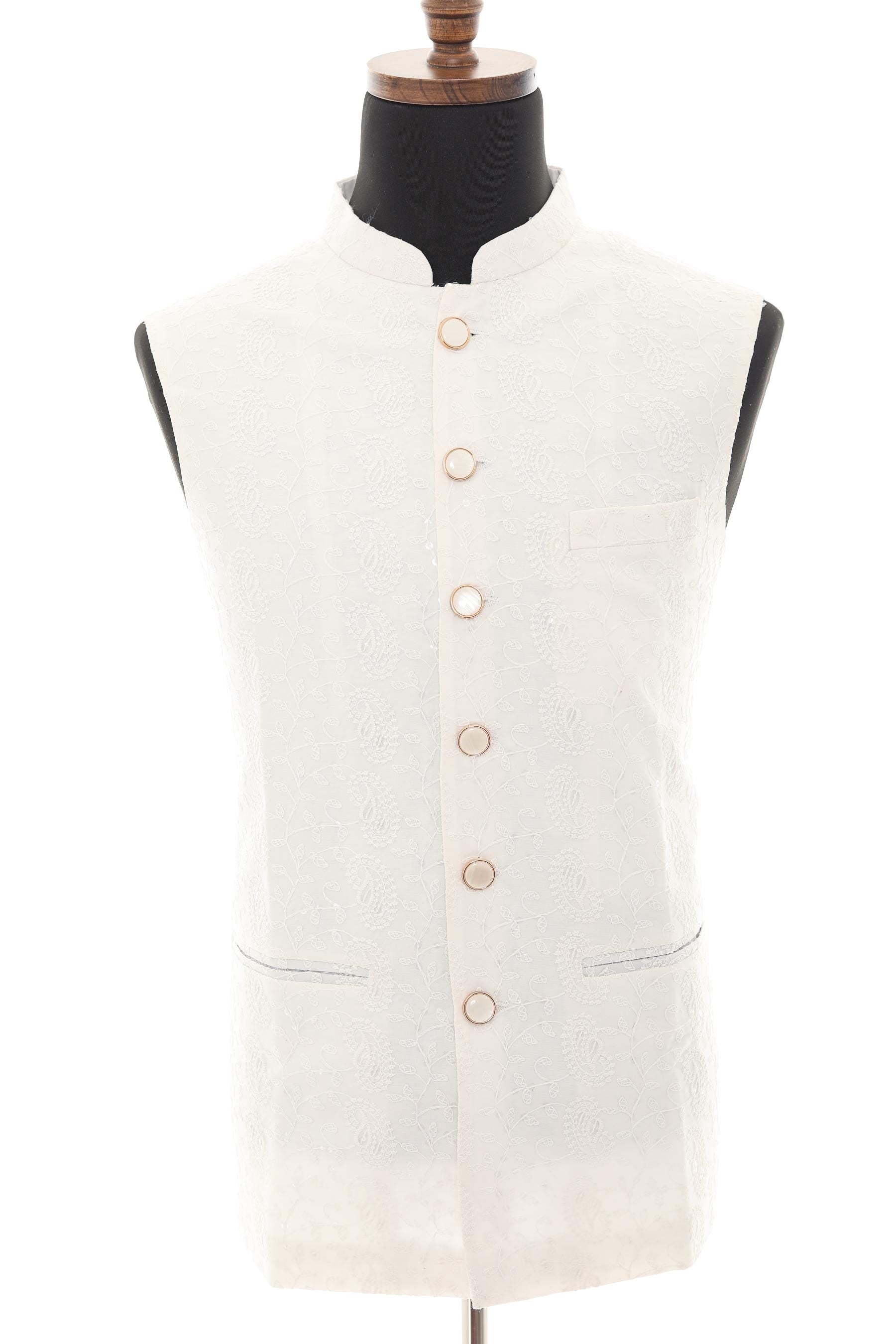 White Nehru Vest with Self Floral Paisley Embroidery