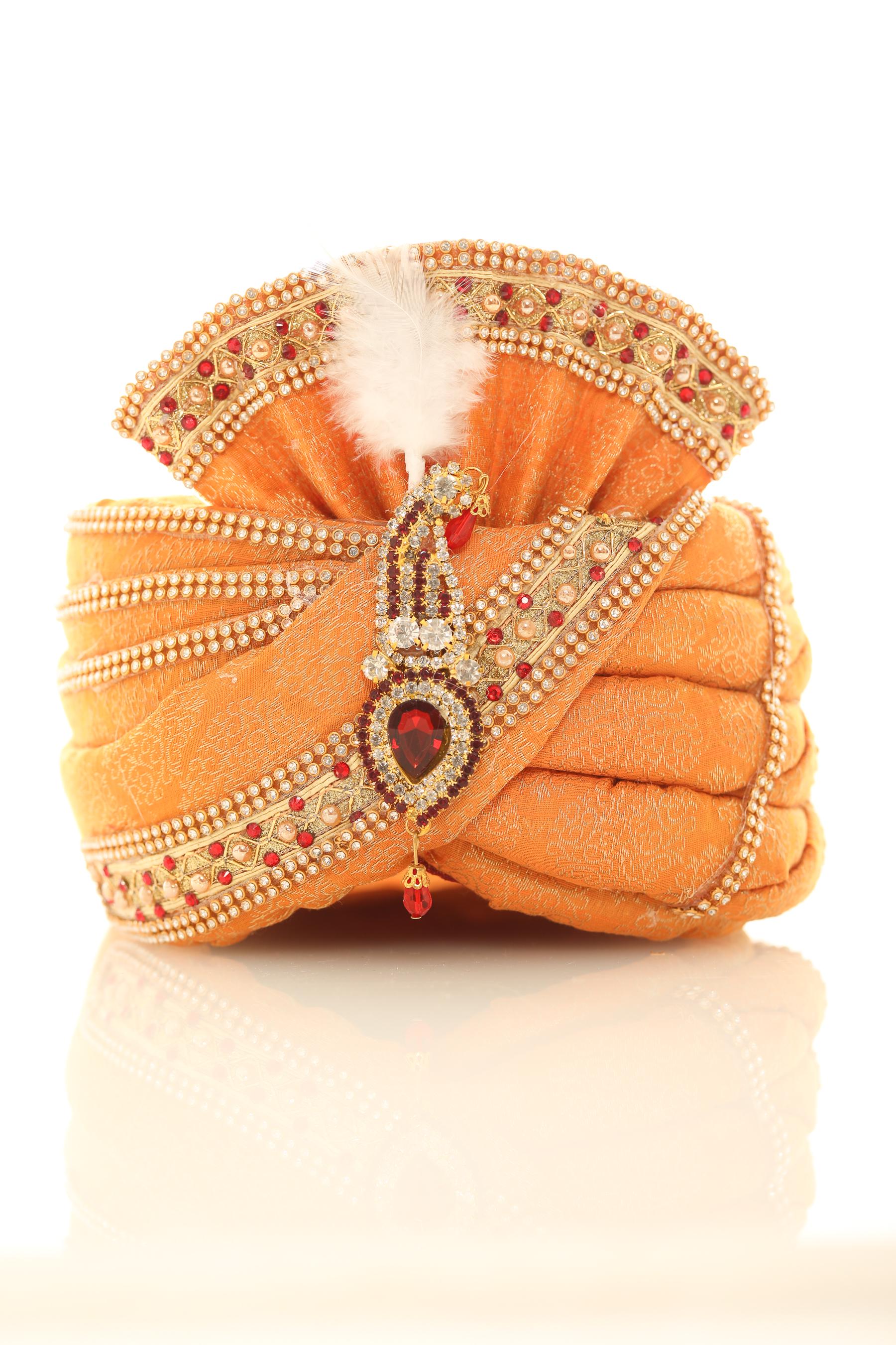 Soft Orange Groom Turban Jacquard Fabric with Kalgi