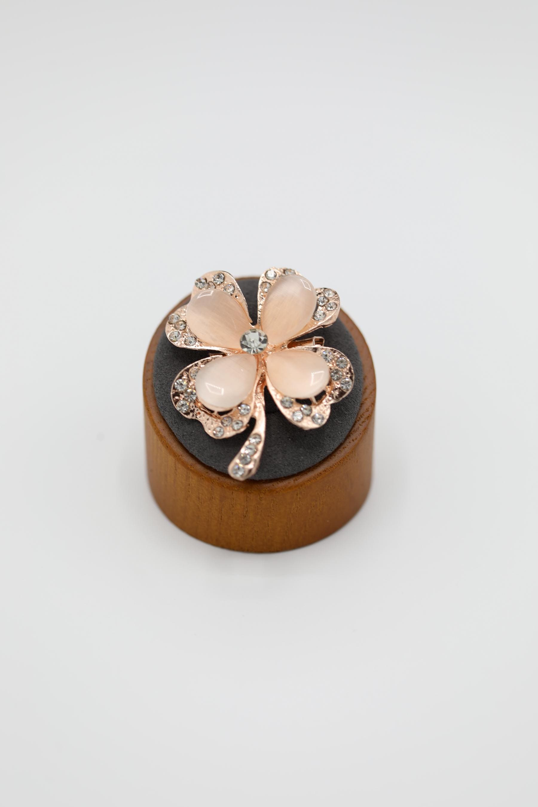 Rose Gold-Tone Four-Leaf Clover Brooch with Rhinestone & Opalescent Accents