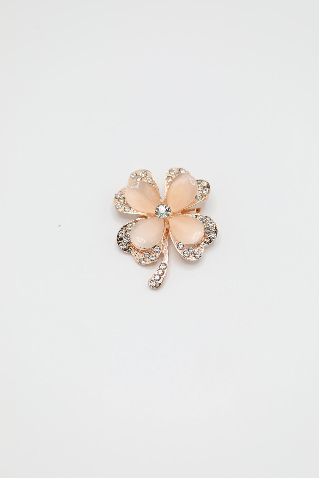 Rose Gold-Tone Four-Leaf Clover Brooch with Rhinestone & Opalescent Accents