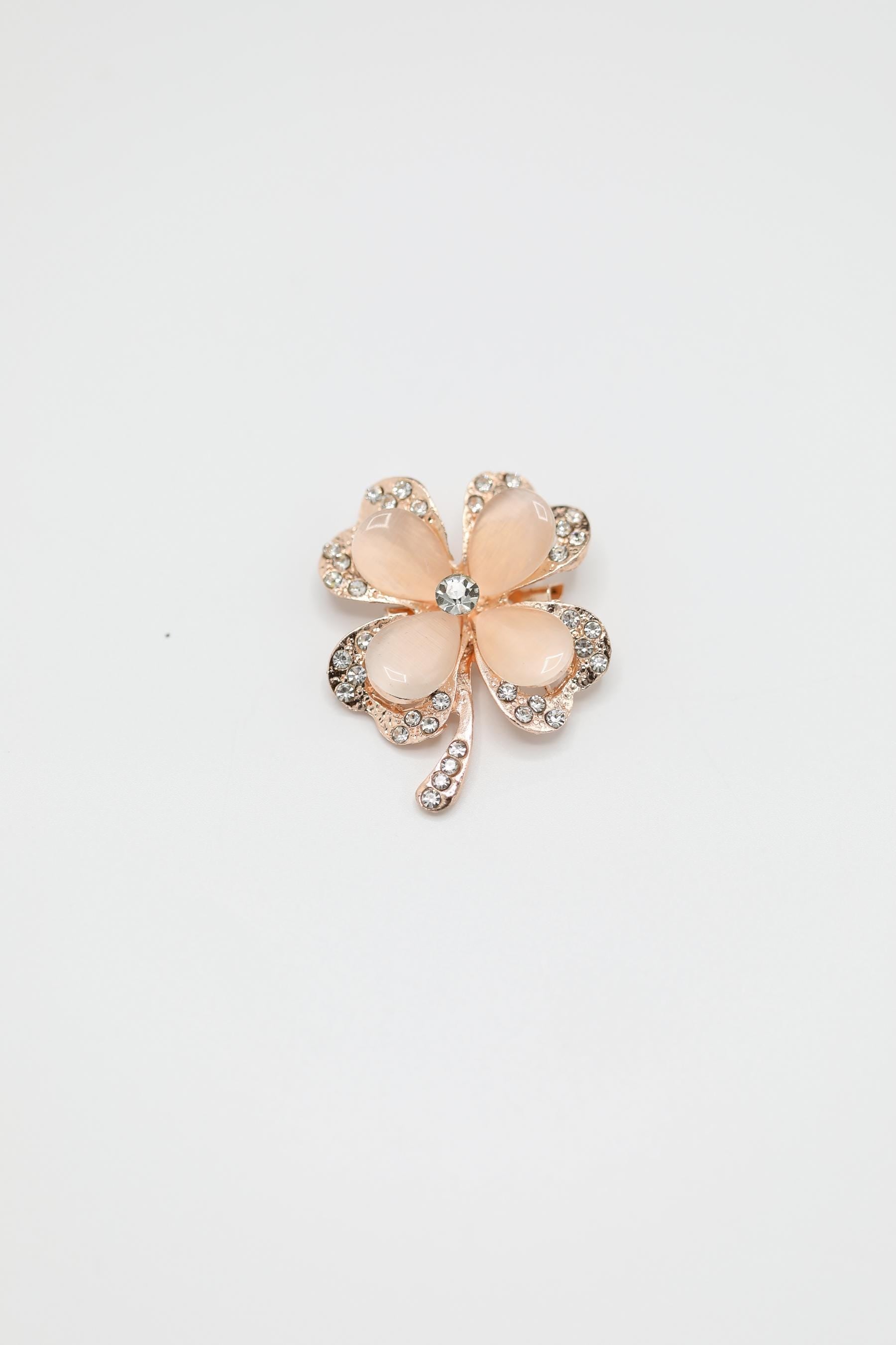 Rose Gold-Tone Four-Leaf Clover Brooch with Rhinestone & Opalescent Accents