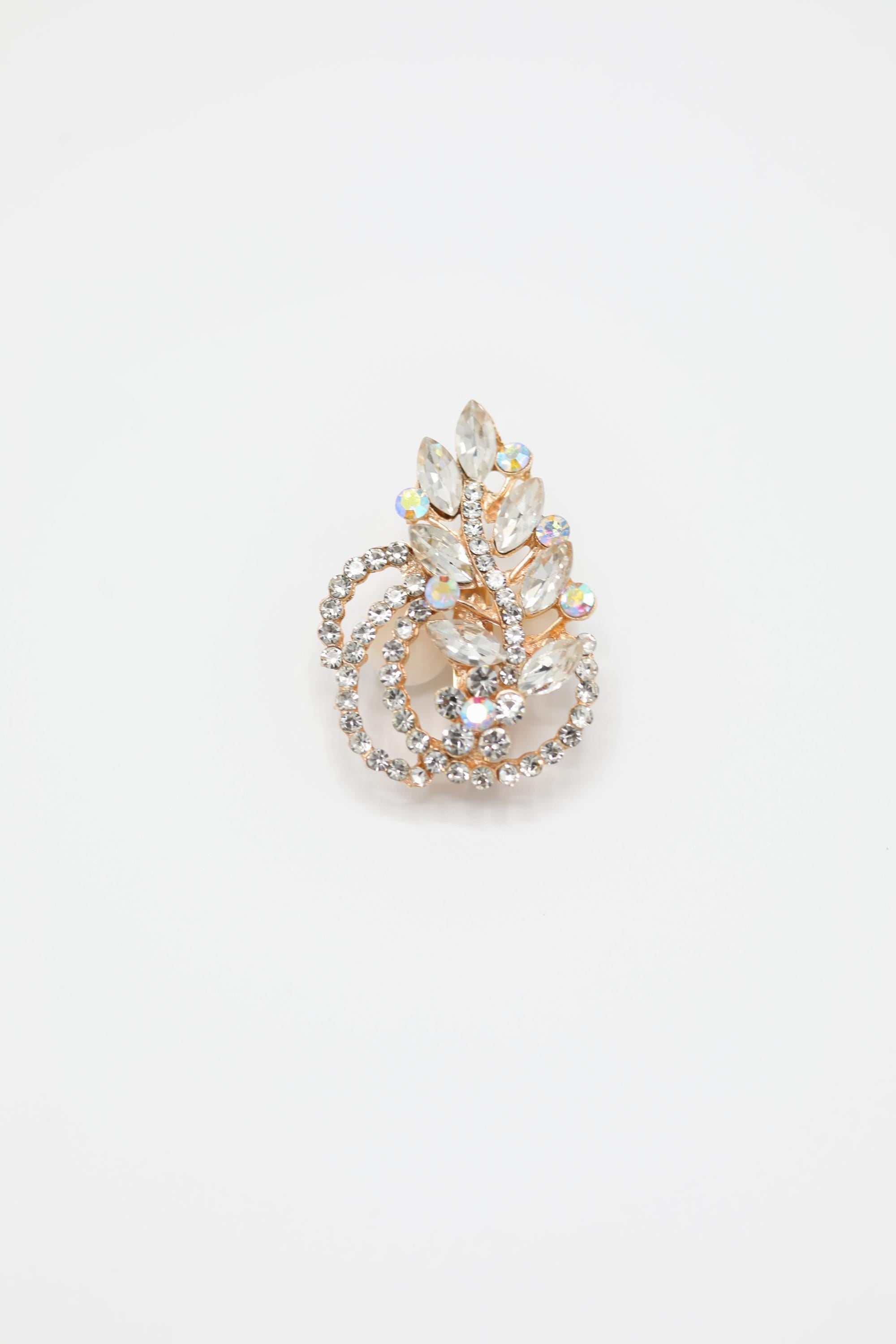 Silver Gold Crystal Leaf Swirl Brooch with Rhinestone & Opalescent Accents