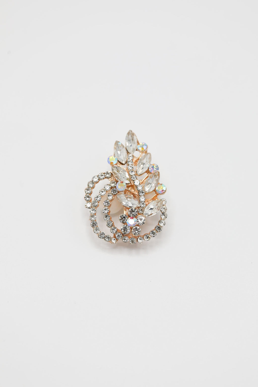 Silver Gold Crystal Leaf Swirl Brooch with Rhinestone & Opalescent Accents