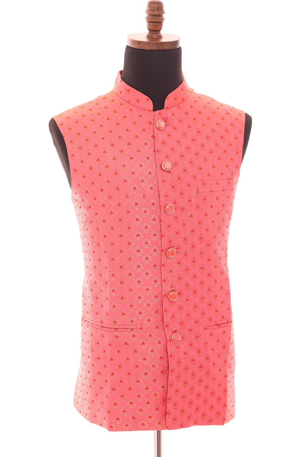 Men’s Bright Coral Nehru Vest – Banarasi Brocade Ethnic Waistcoat