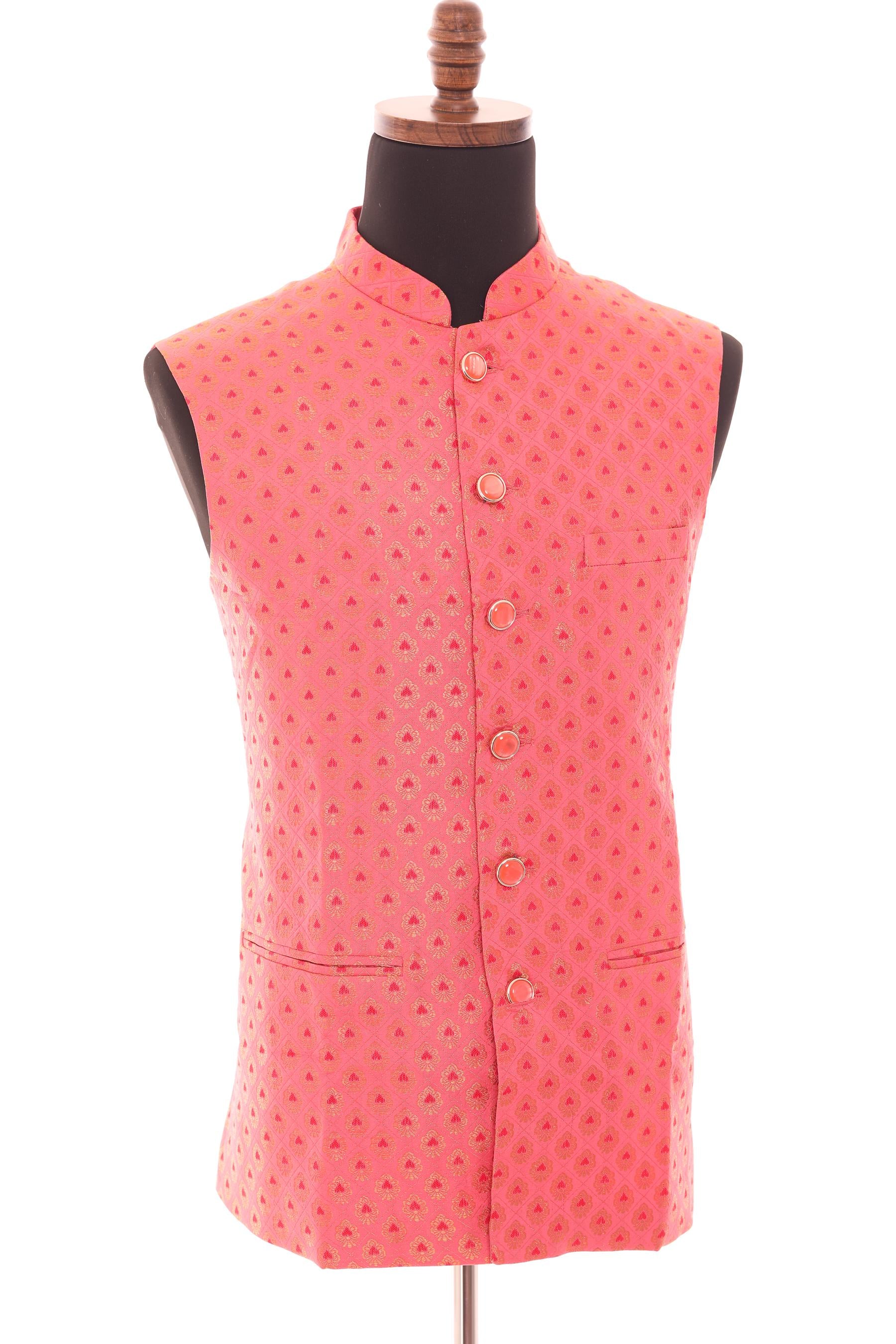 Men’s Bright Coral Nehru Vest – Banarasi Brocade Ethnic Waistcoat