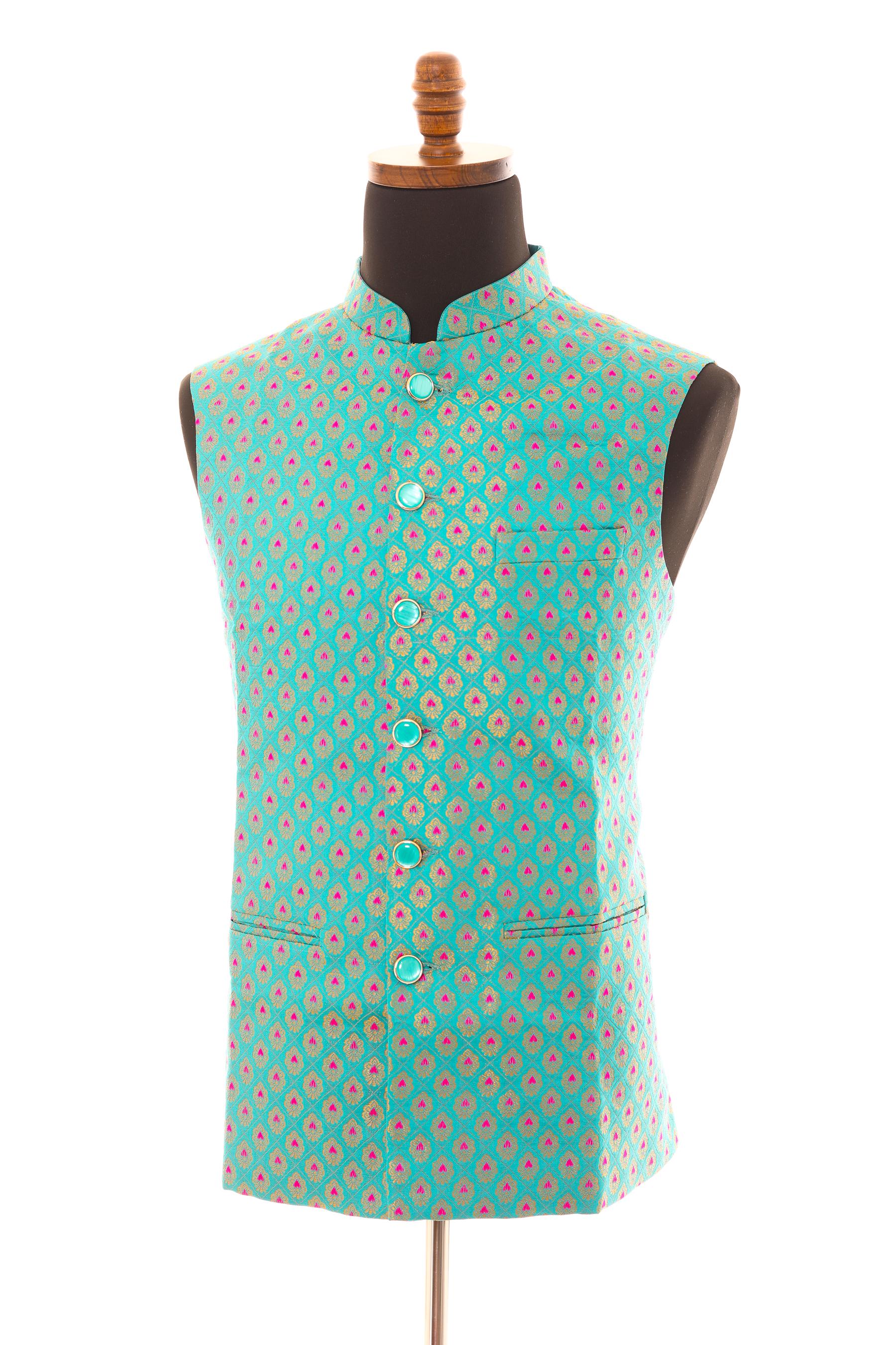 Men’s Turquoise Nehru Vest – Banarasi Brocade Ethnic Waistcoat