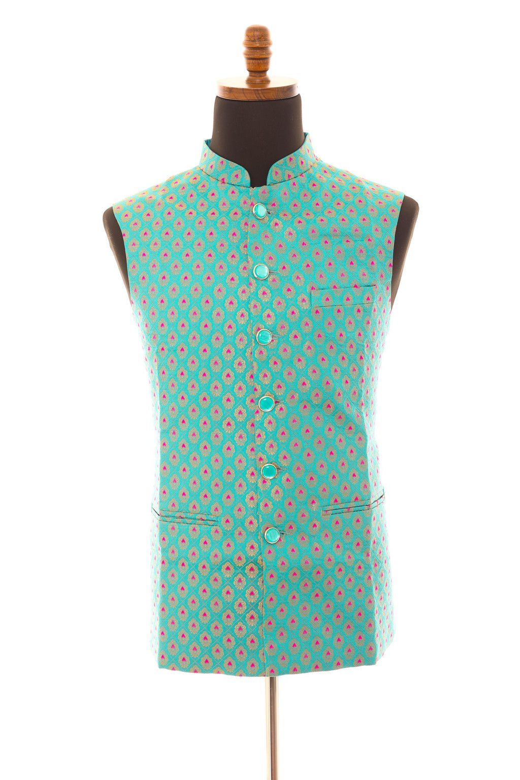 Men’s Turquoise Nehru Vest – Banarasi Brocade Ethnic Waistcoat