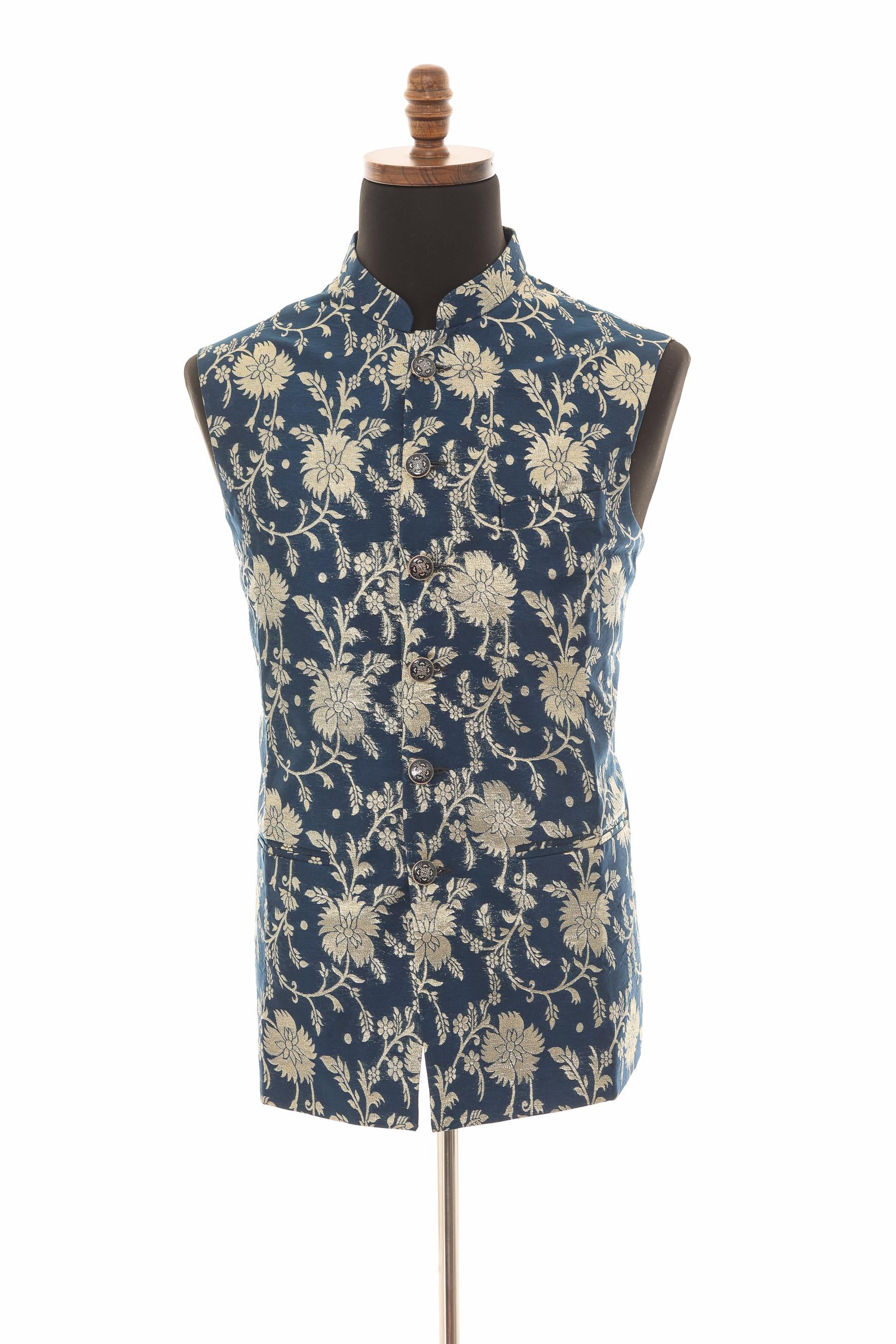 Men’s Navy Nehru Vest – Banarasi Floral Gold Foil Waistcoat