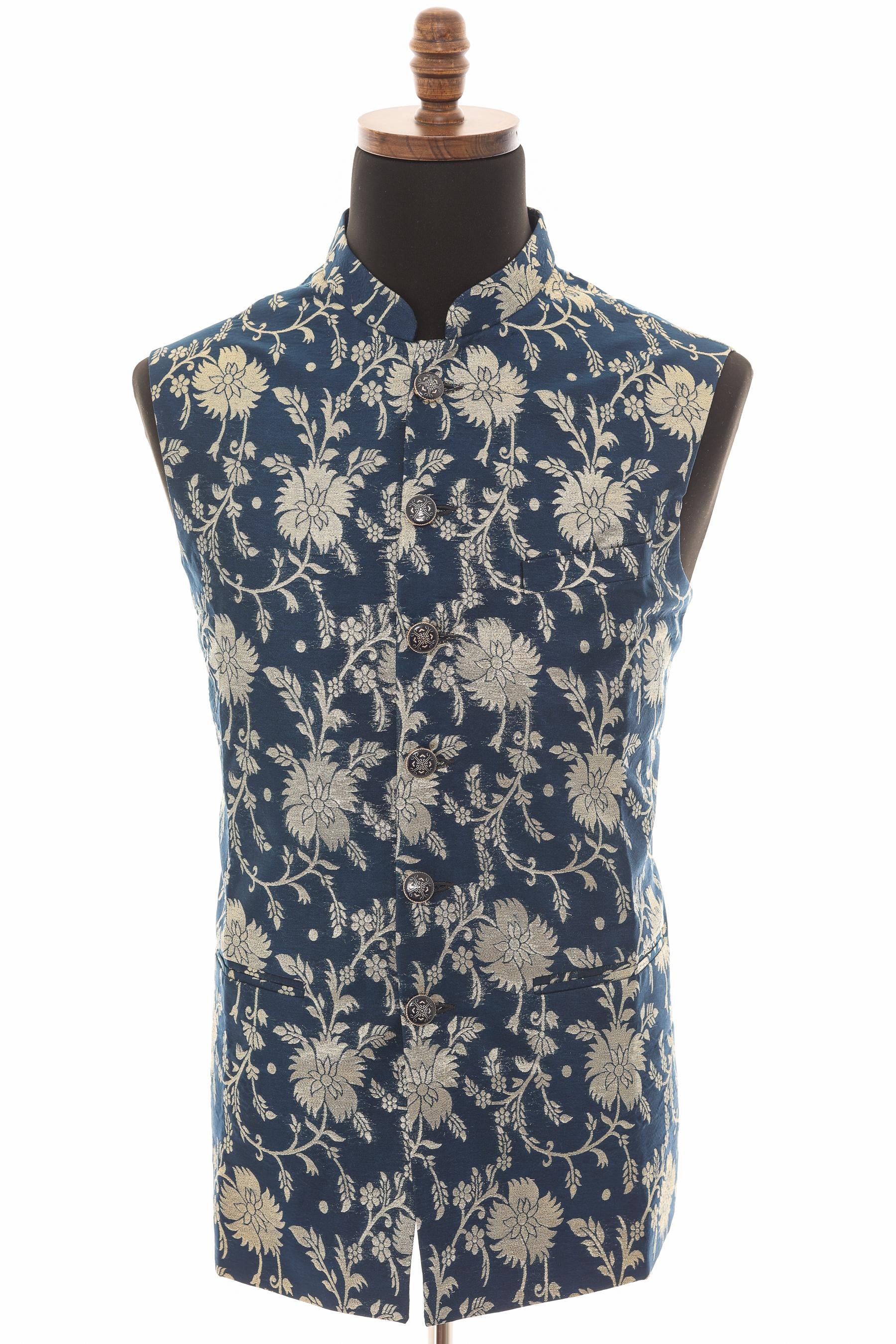 Men’s Navy Nehru Vest – Banarasi Floral Gold Foil Waistcoat