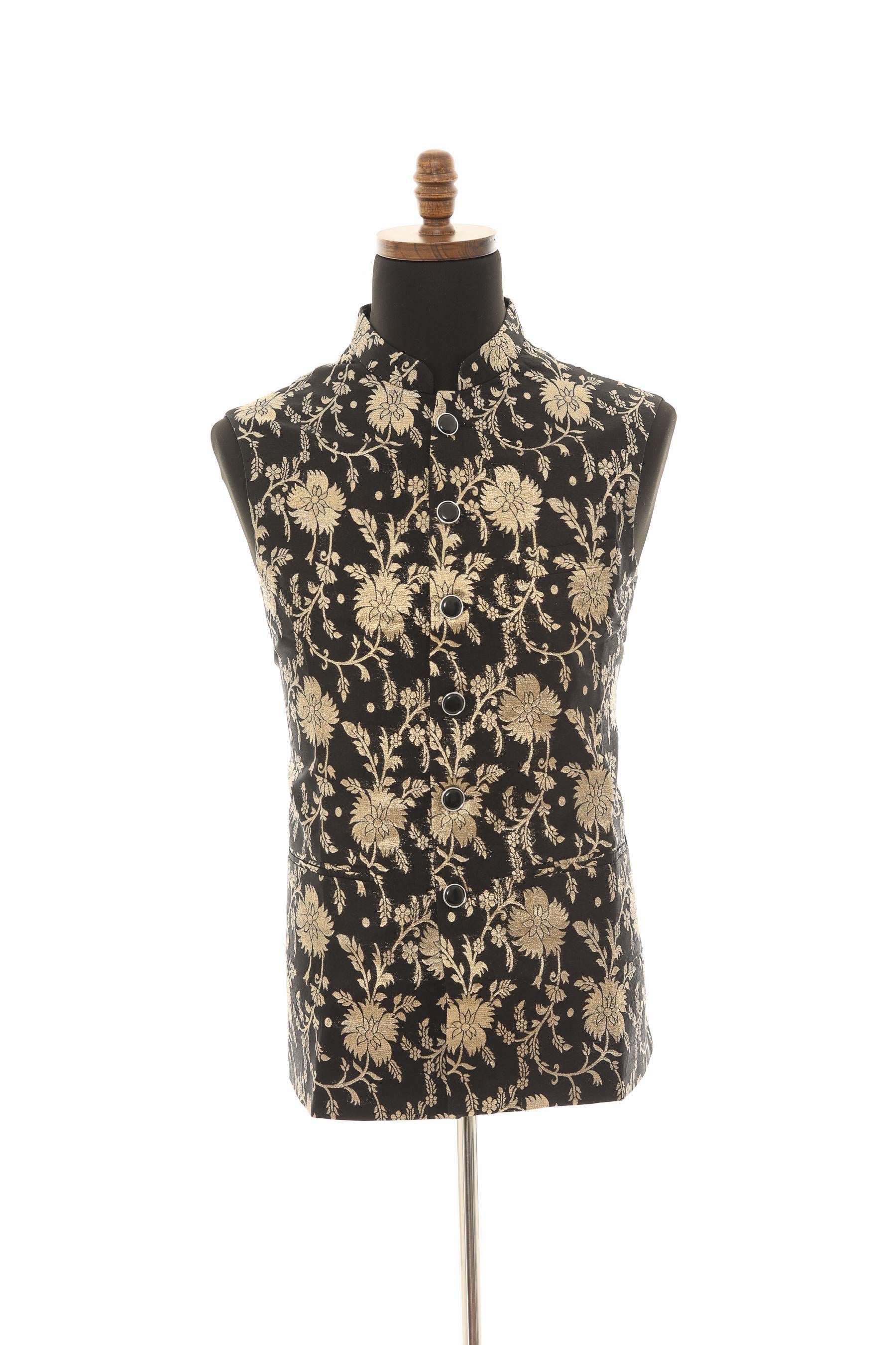 Men’s Black Nehru Vest – Banarasi Floral Gold Foil Waistcoat