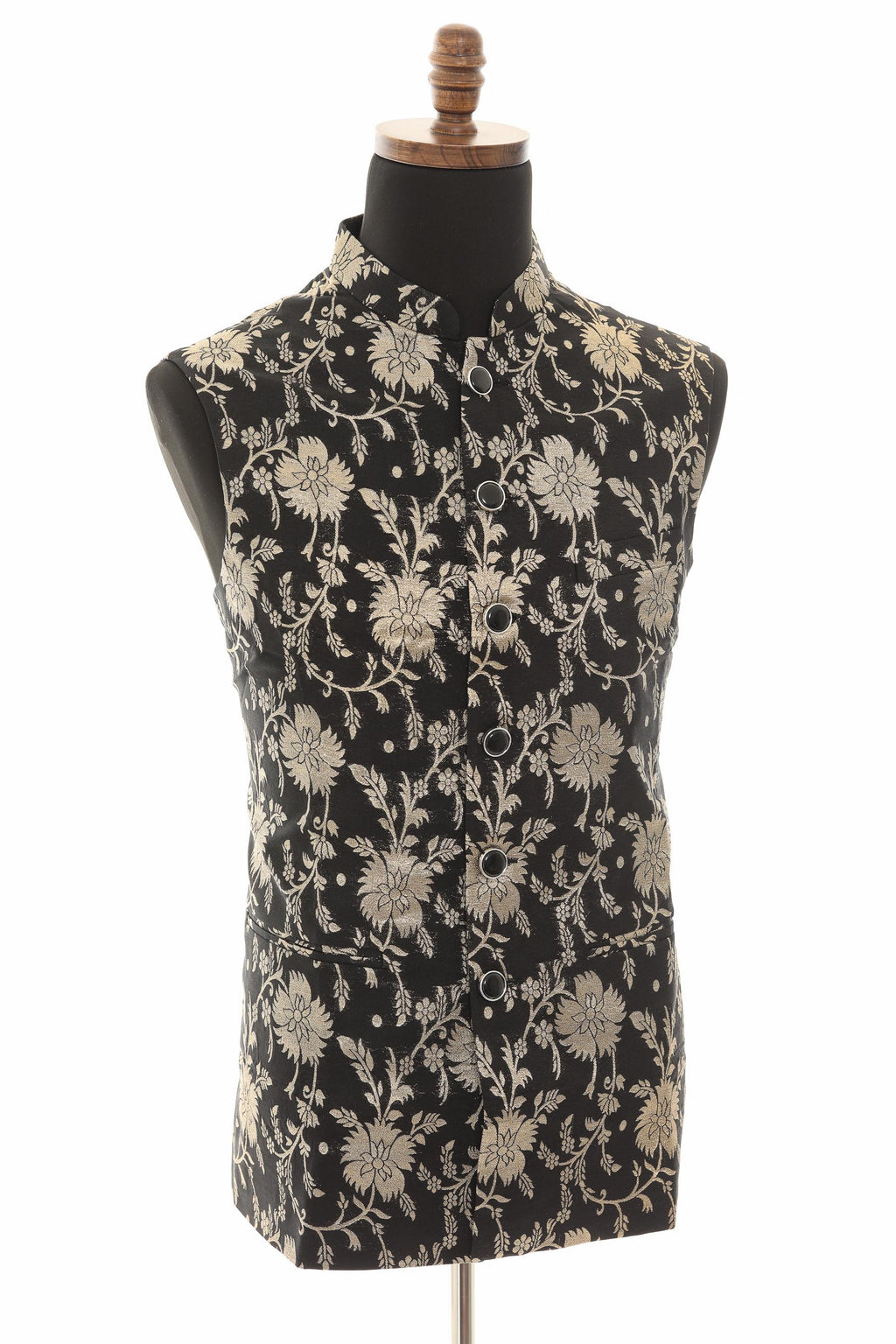 Men’s Black Nehru Vest – Banarasi Floral Gold Foil Waistcoat