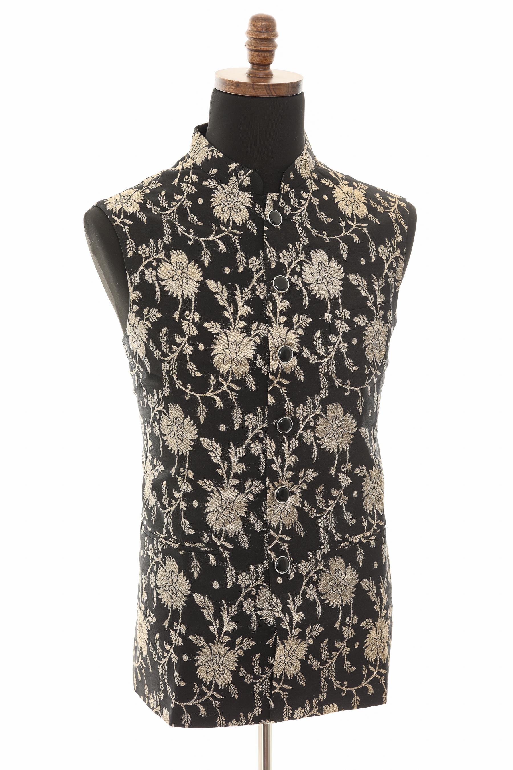Men’s Black Nehru Vest – Banarasi Floral Gold Foil Waistcoat