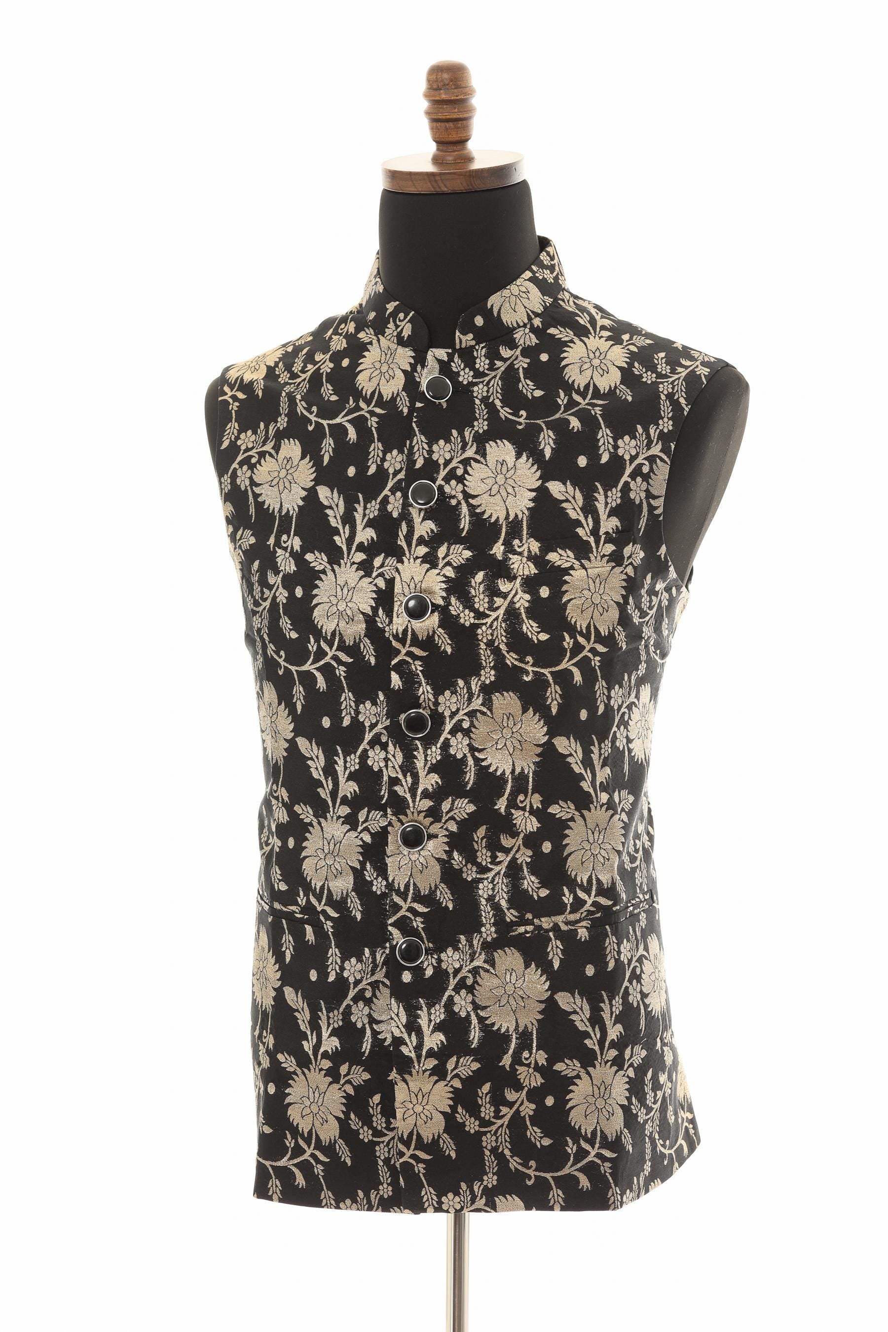 Men’s Black Nehru Vest – Banarasi Floral Gold Foil Waistcoat