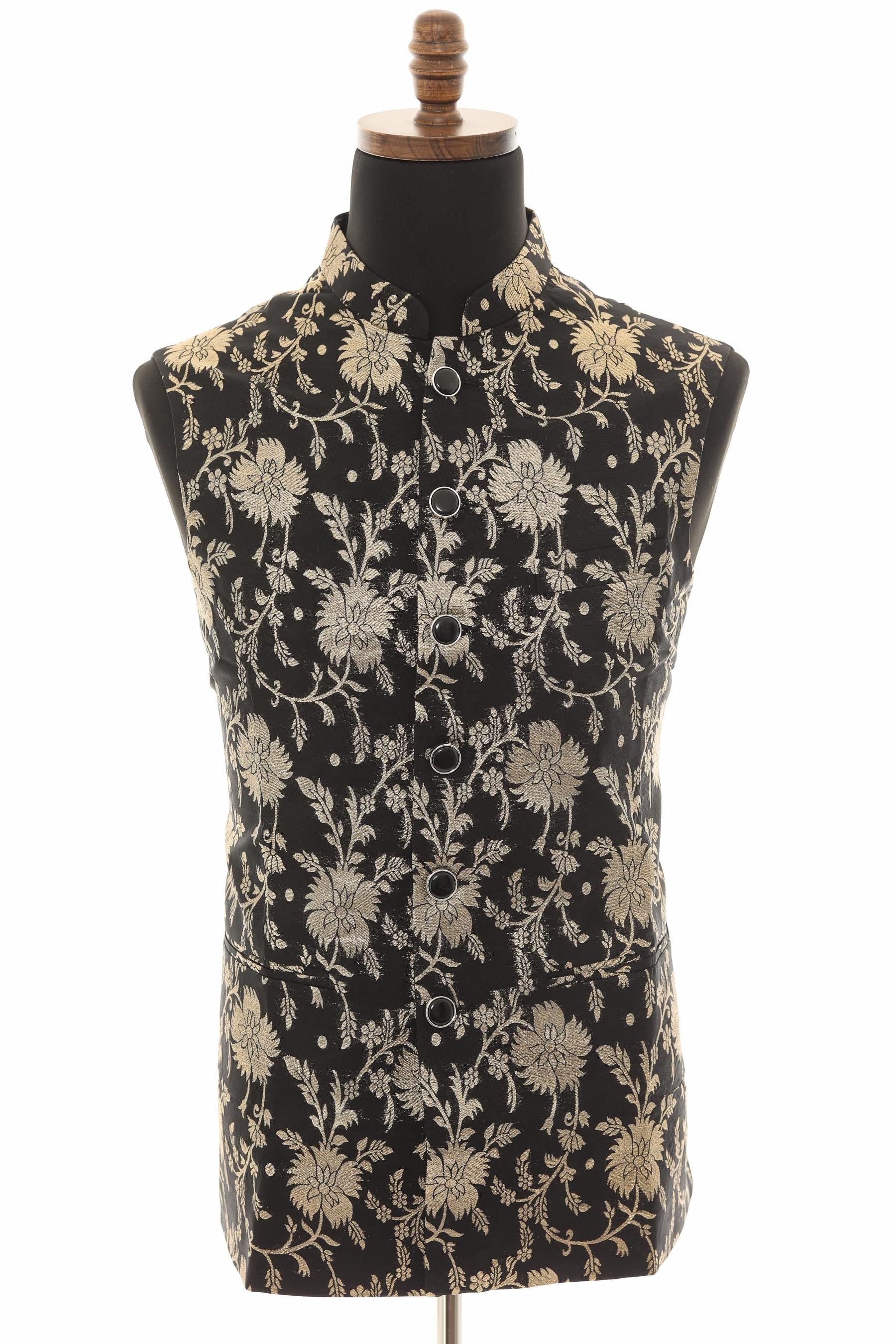 Men’s Black Nehru Vest – Banarasi Floral Gold Foil Waistcoat