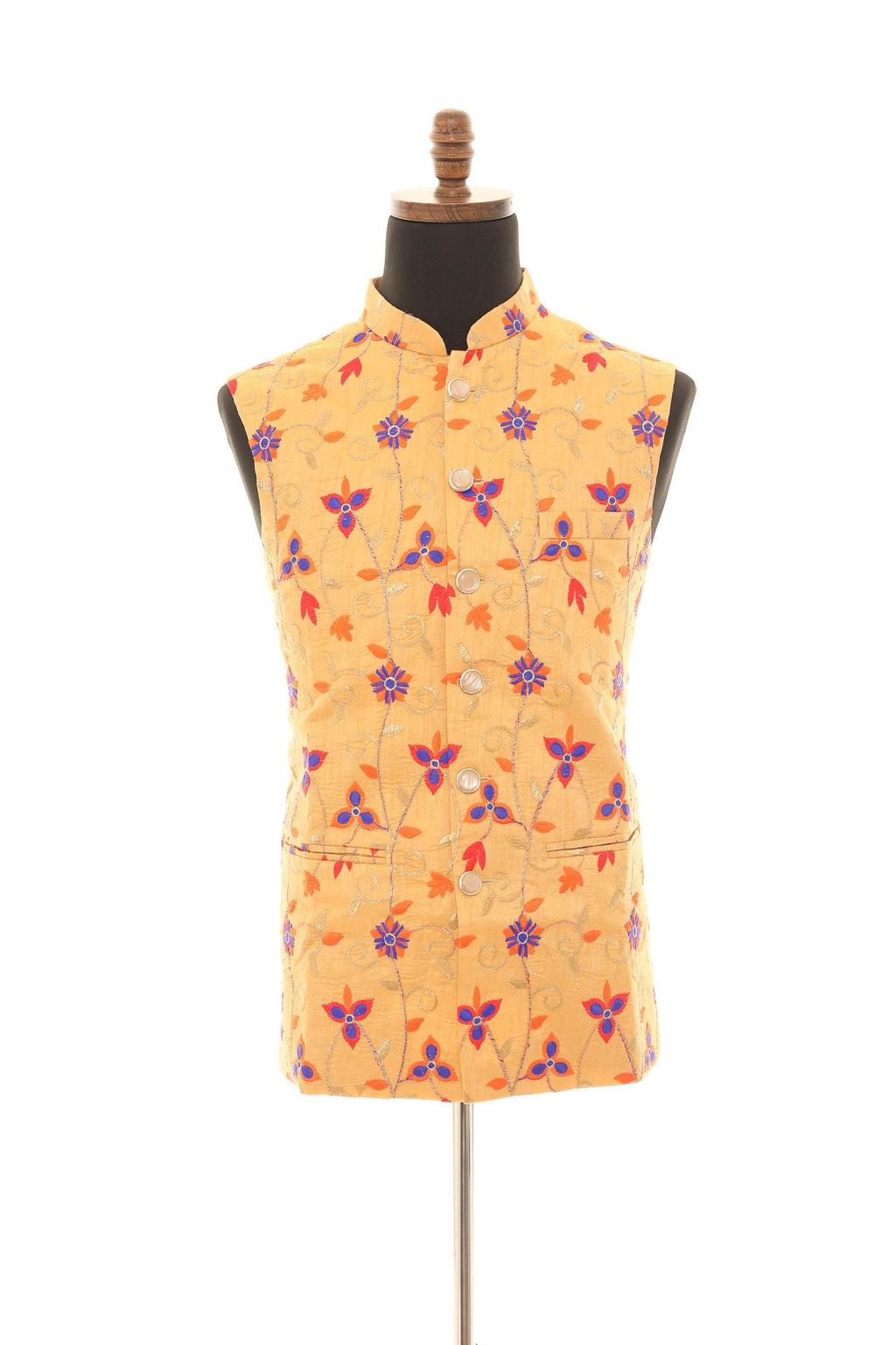 Mens Mustard Floral Embroidered Nehru Vest