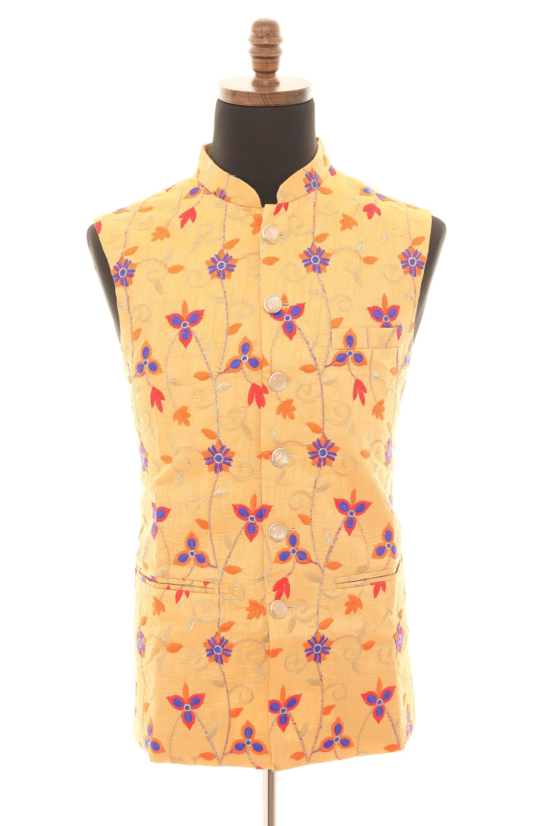 Mens Mustard Floral Embroidered Nehru Vest