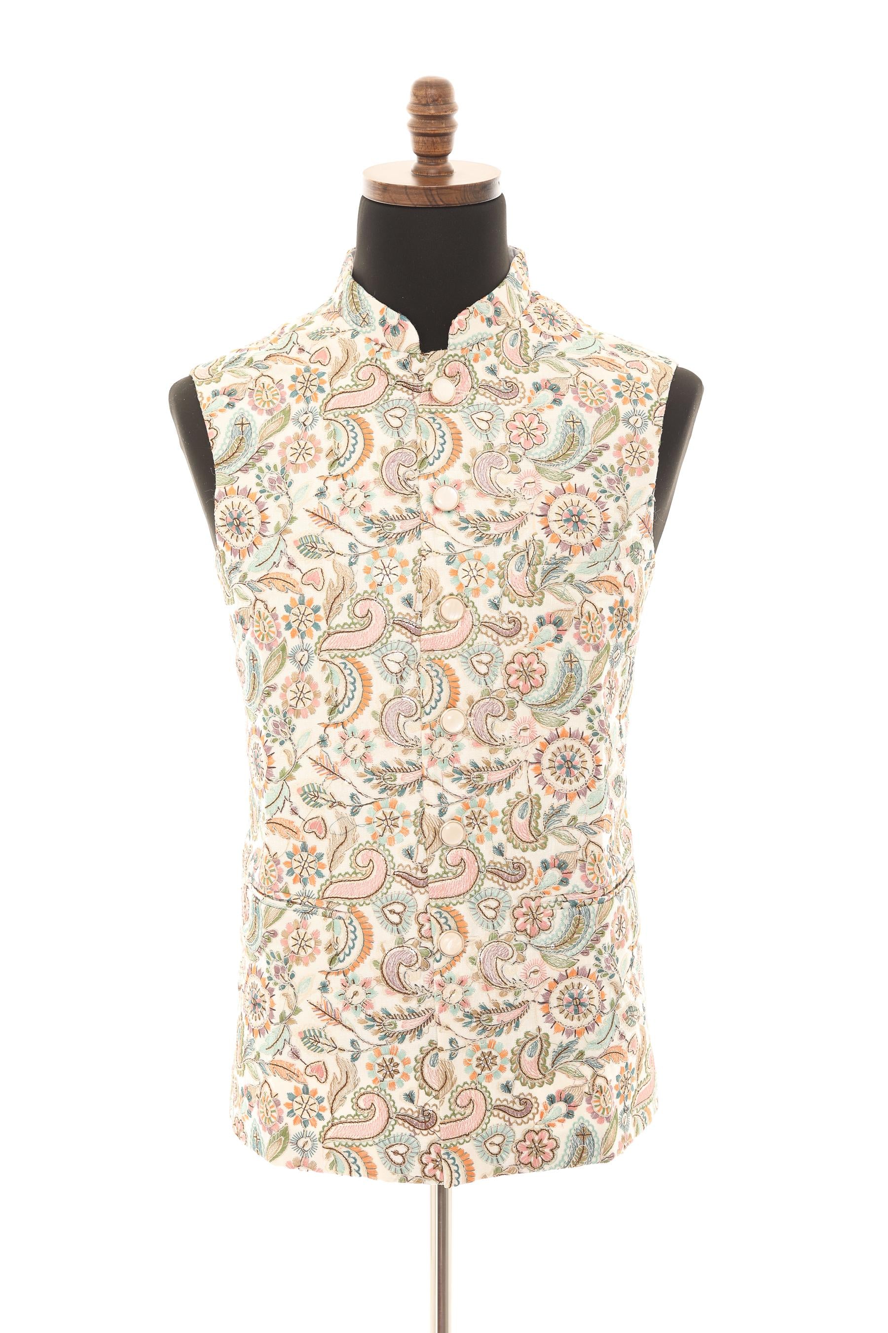 White Nehru Vest | Floral Embroidery | Premium Fabric