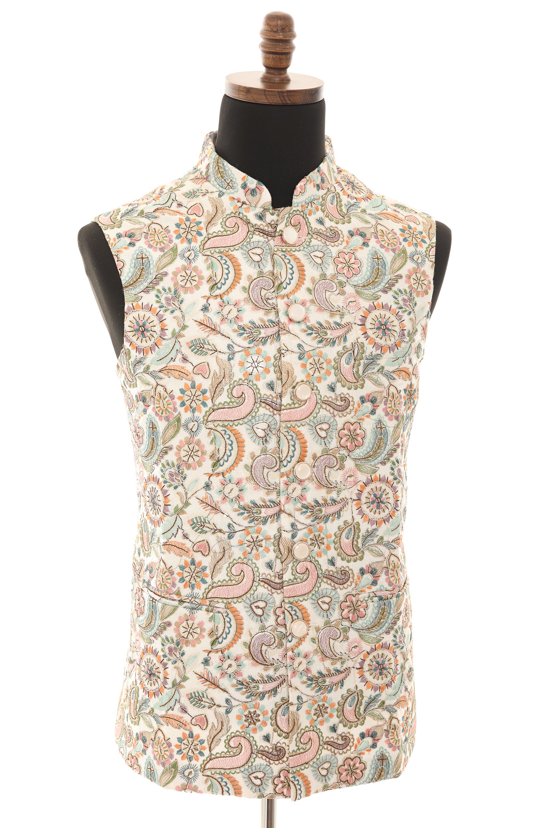White Nehru Vest | Floral Embroidery | Premium Fabric