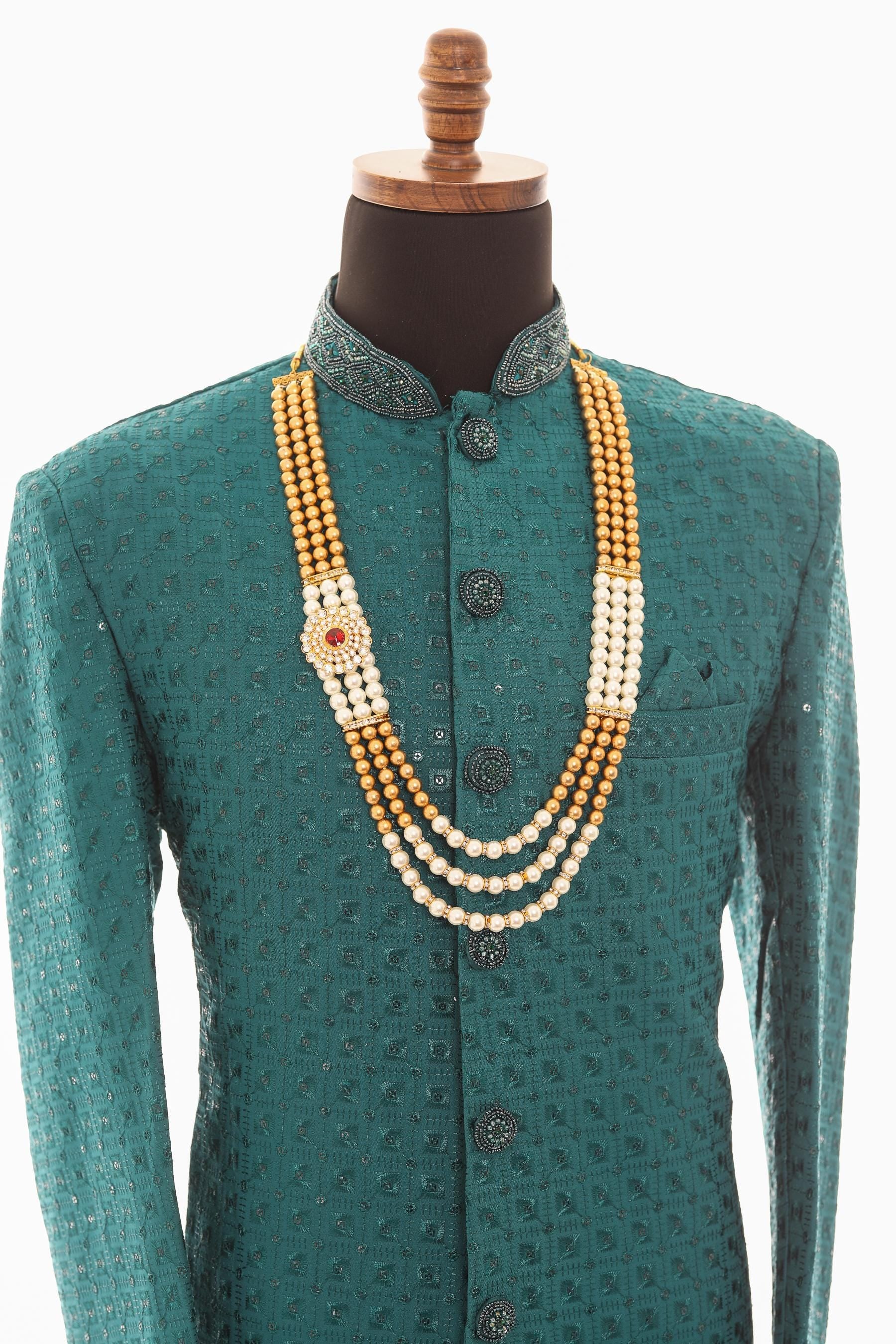 Men's Sherwani Pearl Bead Necklace Gold Multi-Strand Mala For Wedding