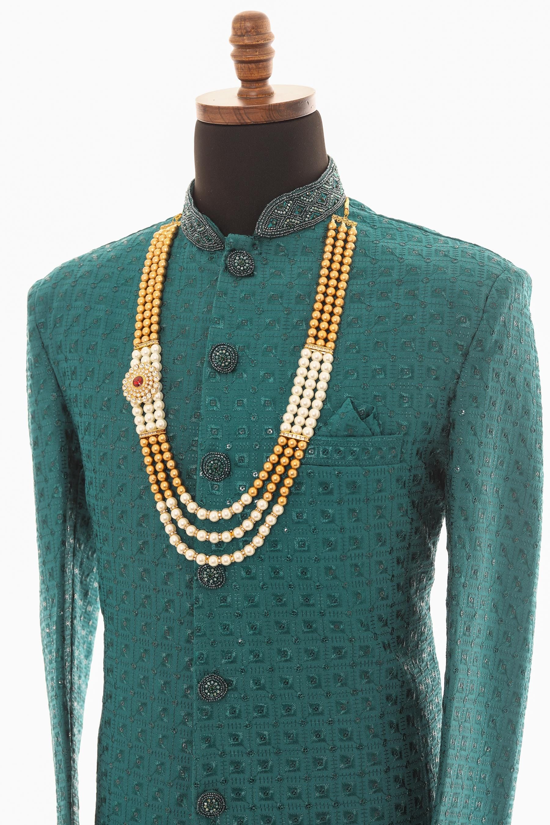 Men's Sherwani Pearl Bead Necklace Gold Multi-Strand Mala For Wedding